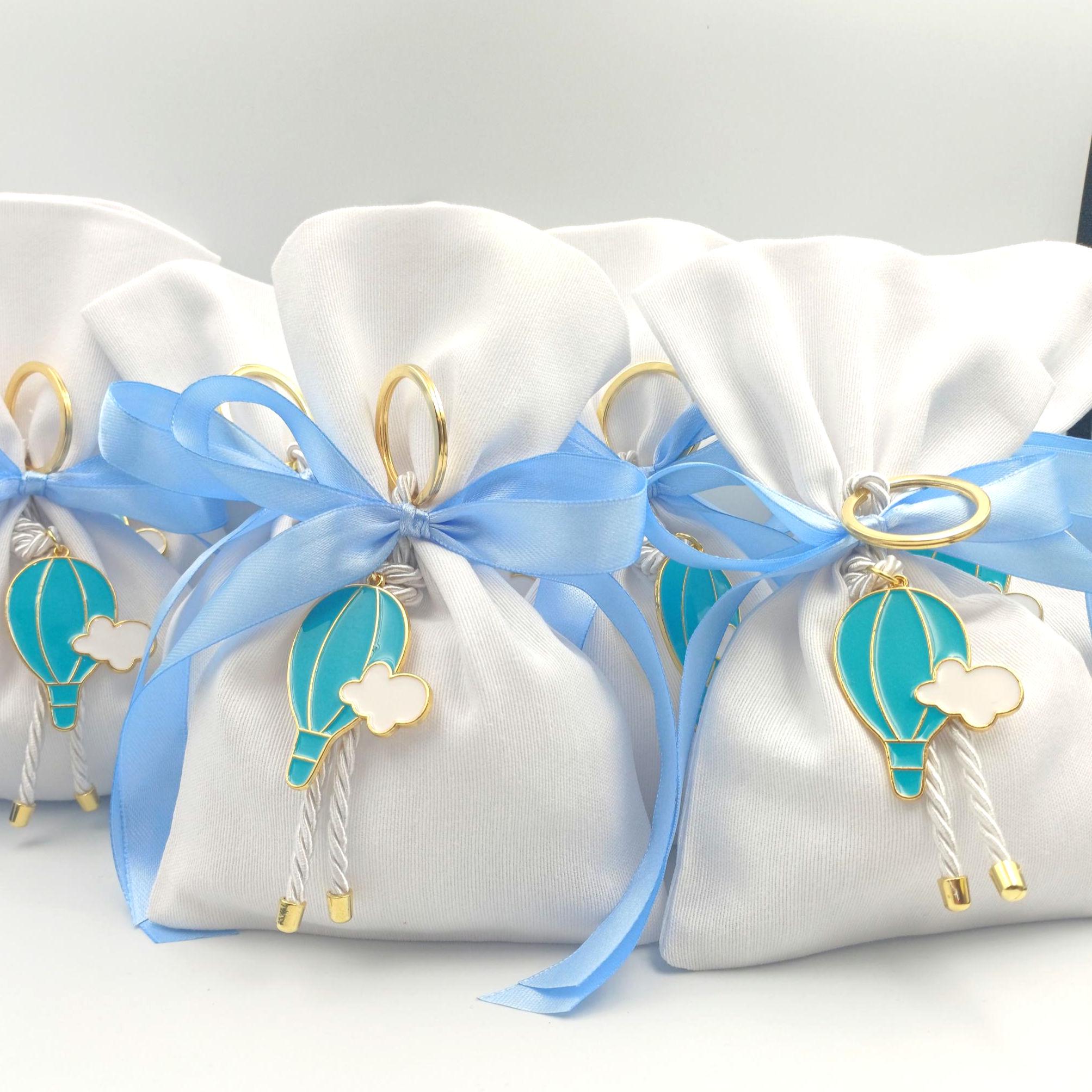 Greek Orthodox Baptism Bomboniere with blue Hot Air Balloon keychain, 10 pcs