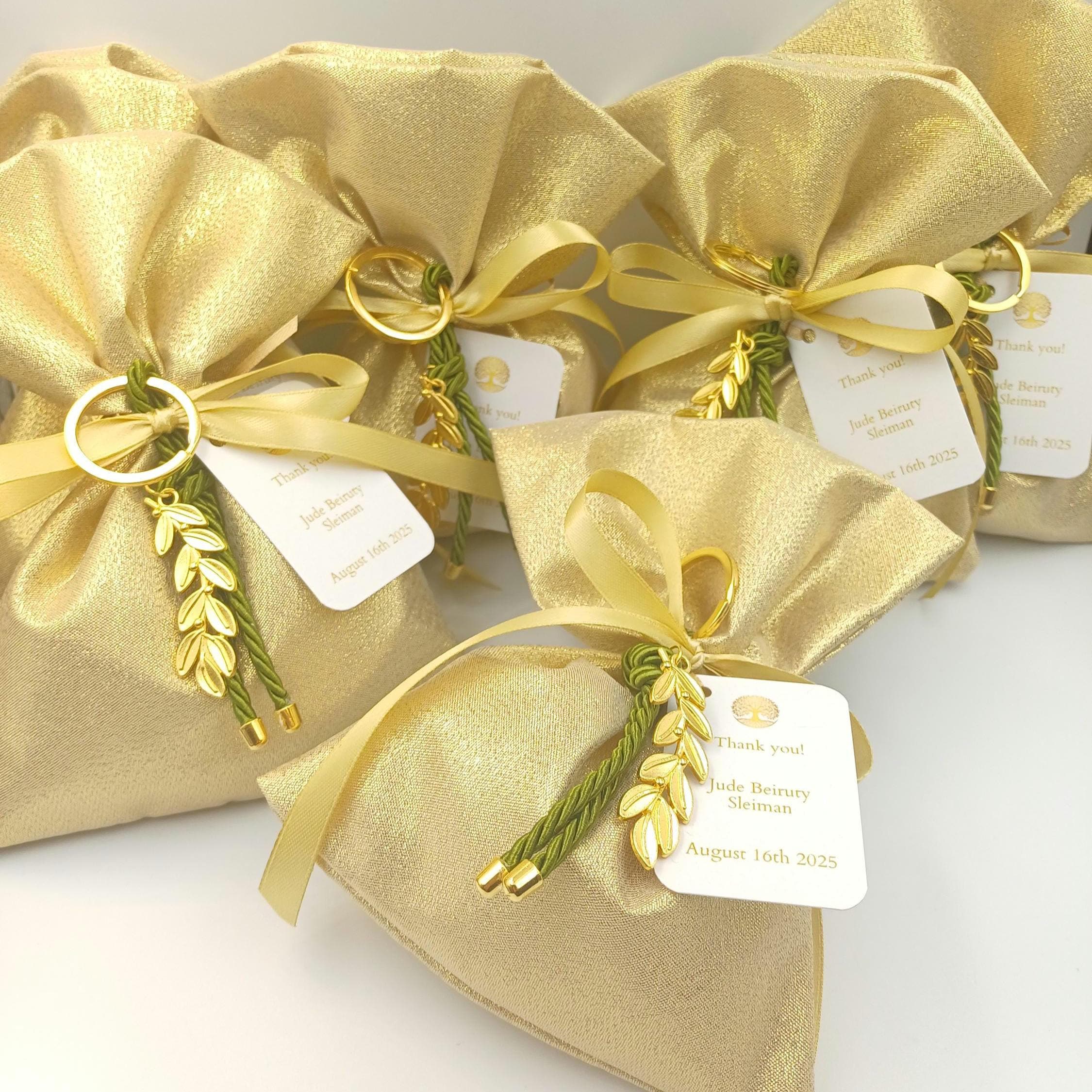 Bomboniere with koufeta, personalized wedding Favor Bags: Personalized Greek Orthodox favors with Olive Branch Keychain (set of 10)