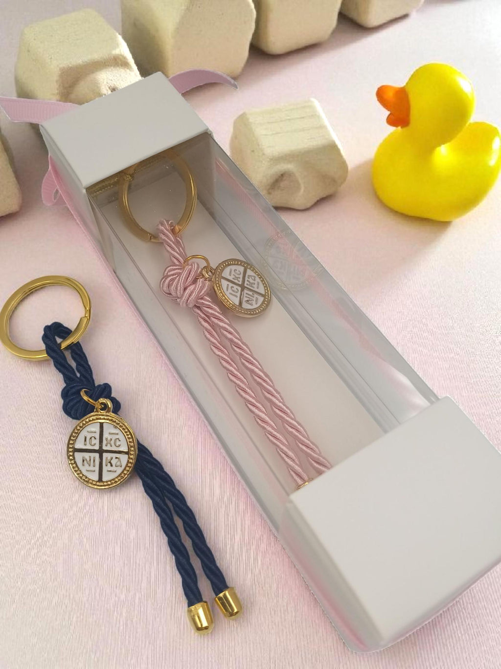 Orthodox Gold Cross charm Baptism Favours, keychain box giftSet of 10