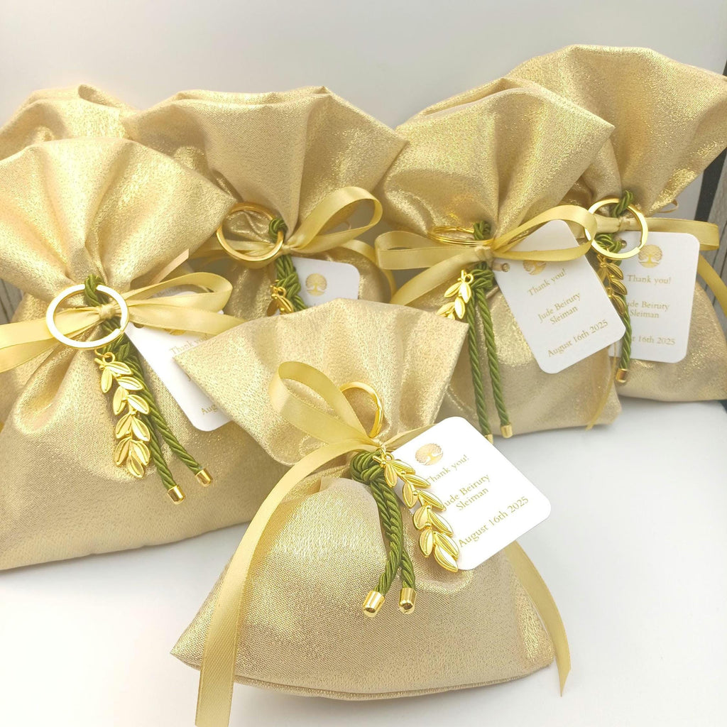 Bomboniere with koufeta, personalized wedding Favor Bags: Personalized Greek Orthodox favors with Olive Branch Keychain (set of 10)