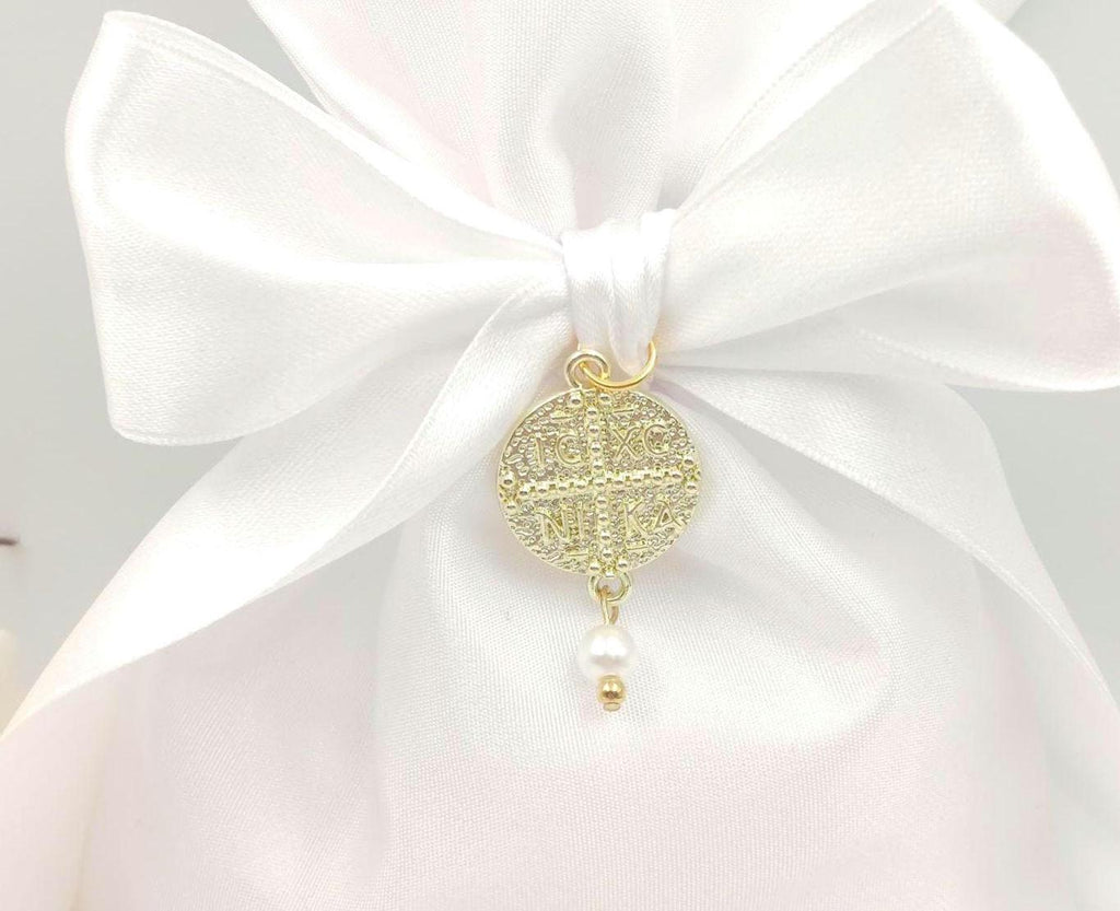 Greek Orthodox Bombonieres, White Satin communion favors with Cross, Pearl Baptism bomboniera, 5 sugared Almonds (Set of 10).