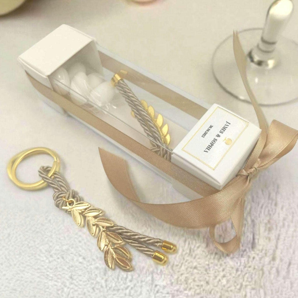 Box Bombonieres – Olive Branch Keychain Wedding & Baptism Favors with Koufeta (Set of 10)