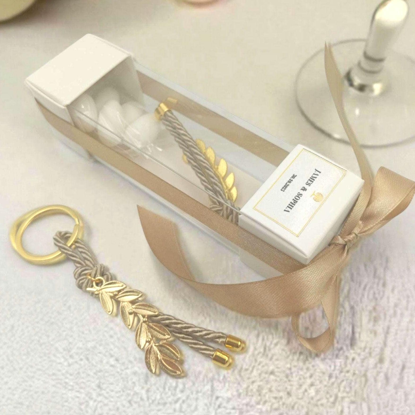 Box Bombonieres – Olive Branch Keychain Wedding & Baptism Favors with Koufeta (Set of 10)