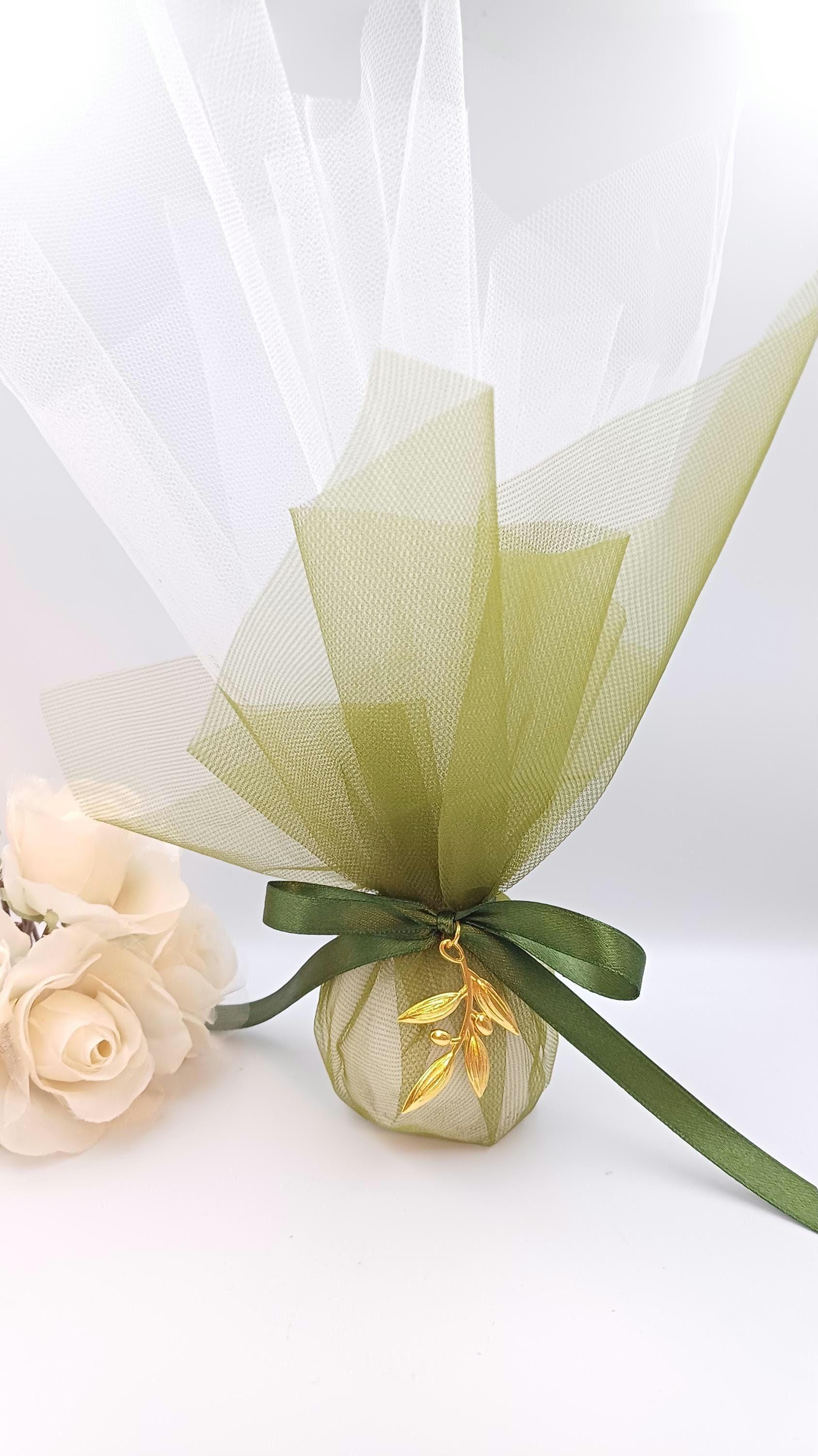 Olive green Tulle Wedding Favor Orthodox Greek Bomboniera  with Custom Tag 5 sugared almond 10 pcs