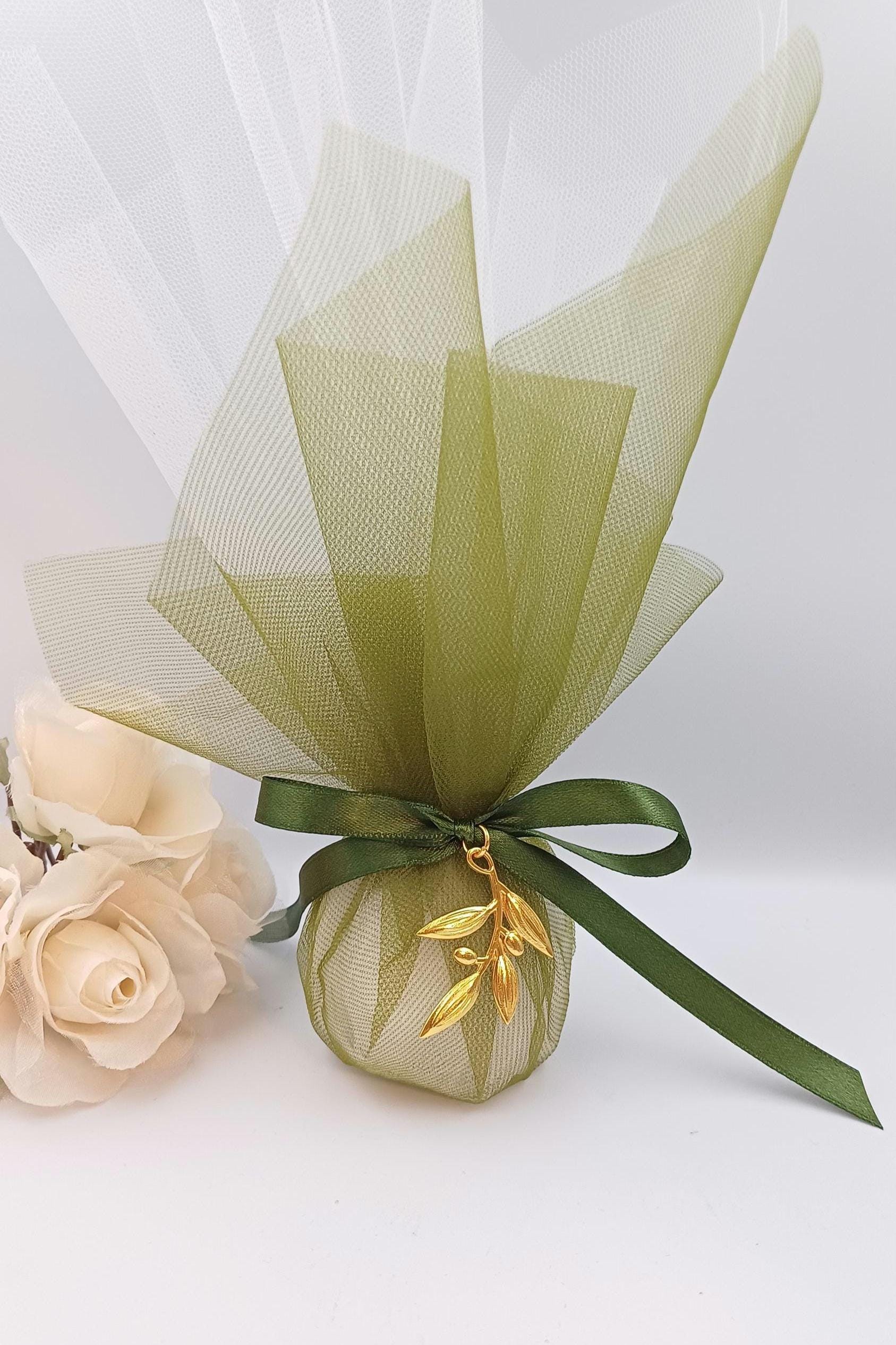 Olive green Tulle Wedding Favor Orthodox Greek Bomboniera  with Custom Tag 5 sugared almond 10 pcs