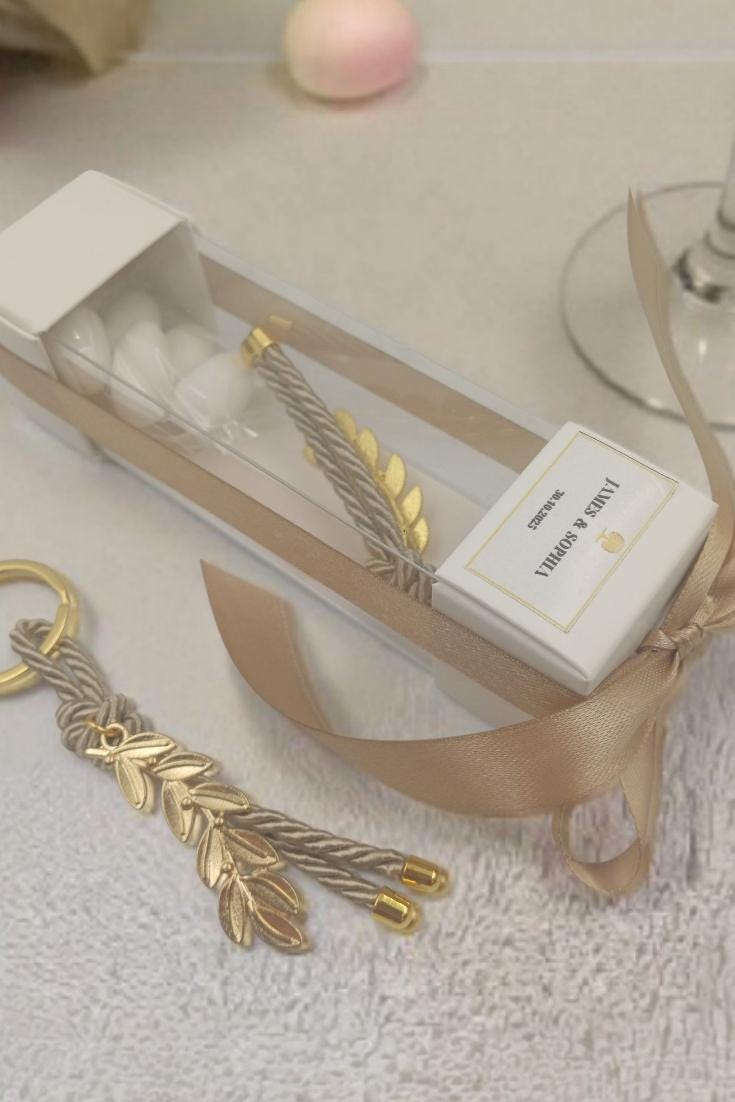 Box Bombonieres – Olive Branch Keychain Wedding & Baptism Favors with Koufeta (Set of 10)