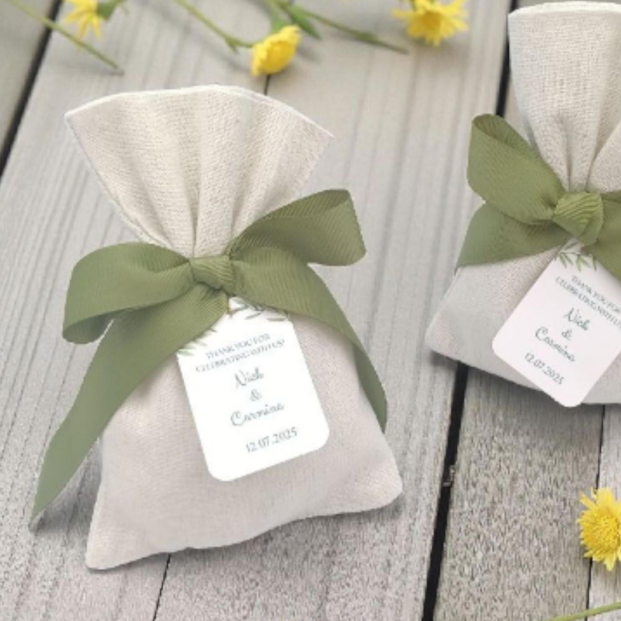 Personalized Olive Bombonieres – Linen Wedding Pouch with sage Green Ribbon, Custom Tag | Greek Italian Favor, Mediterranean Confetti 10pcs