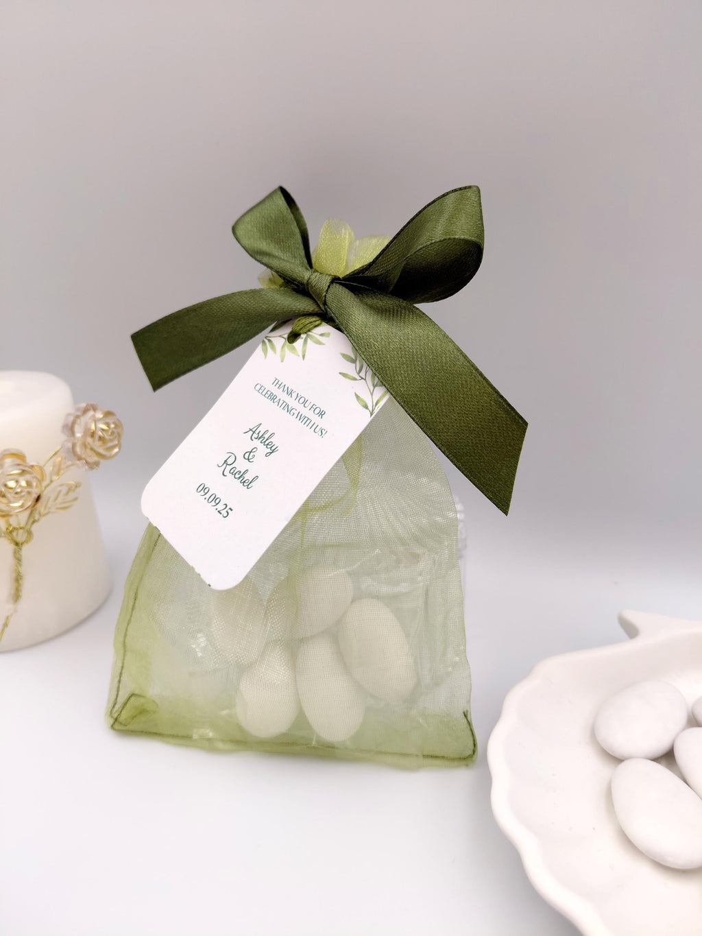 Greek Bombonieres Wedding Favors with Koufeta | Olive Green Organza Bag with Personalized Tag | Christening Baptism bomboniere 10pcs.
