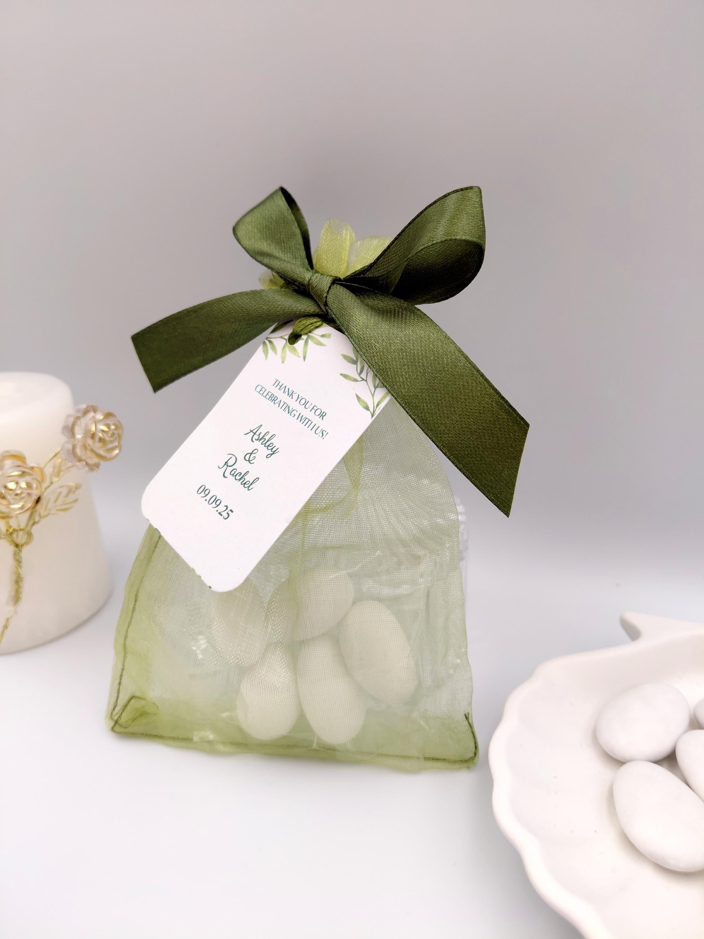 Greek Bombonieres Wedding Favors with Koufeta | Olive Green Organza Bag with Personalized Tag | Christening Baptism bomboniere 10pcs.