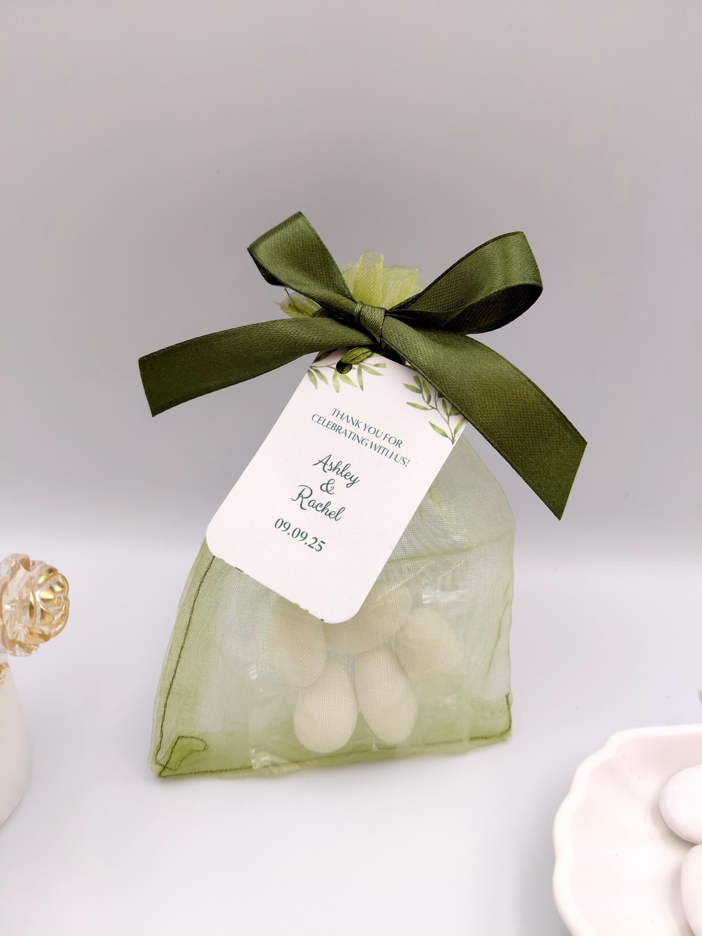 Greek Bombonieres Wedding Favors with Koufeta | Olive Green Organza Bag with Personalized Tag | Christening Baptism bomboniere 10pcs.