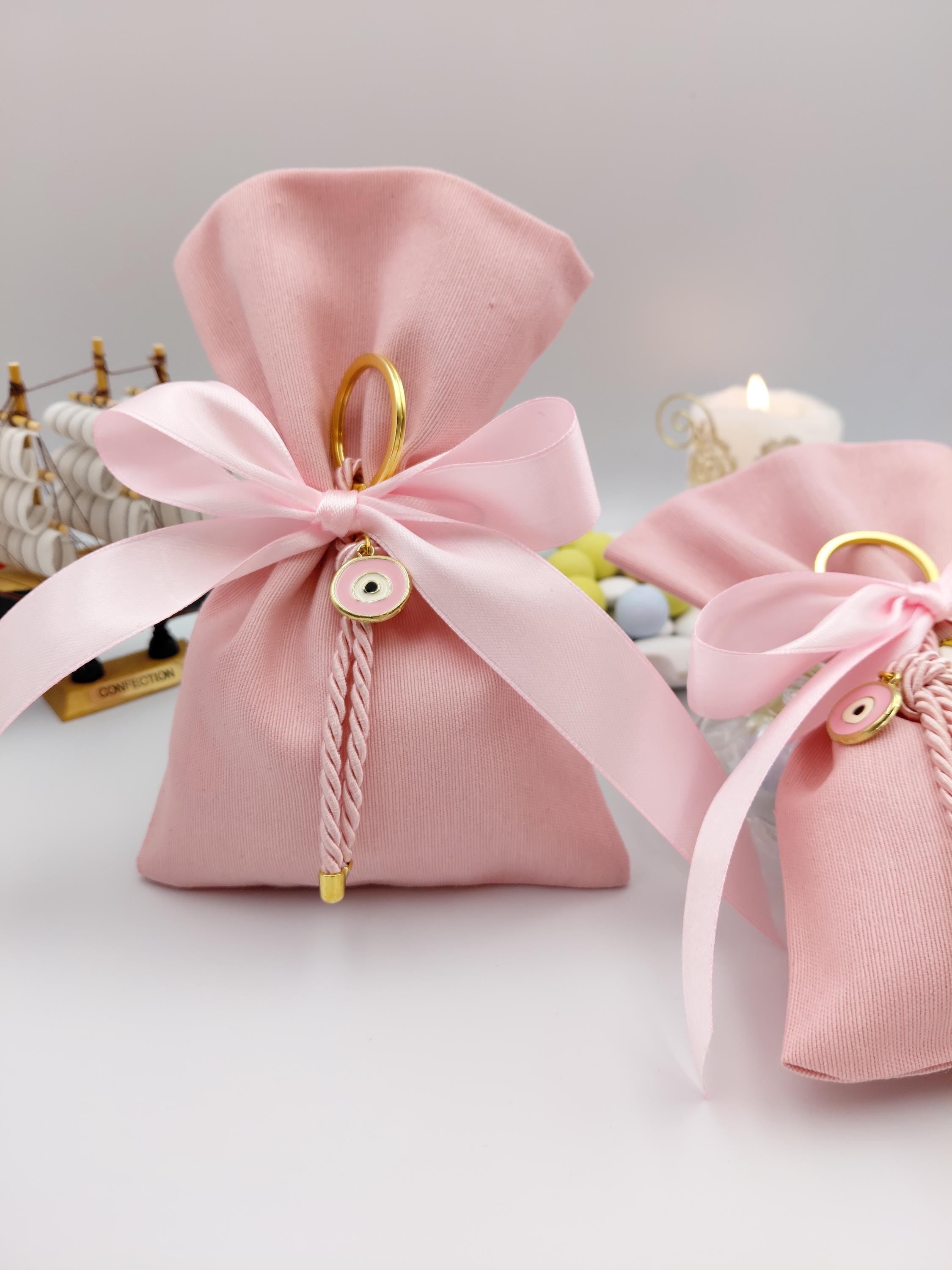 Evil Eye Bomboniere, pink cotton favor bags with Sugared Almonds , Greek Orthodox baptism  Set of 10