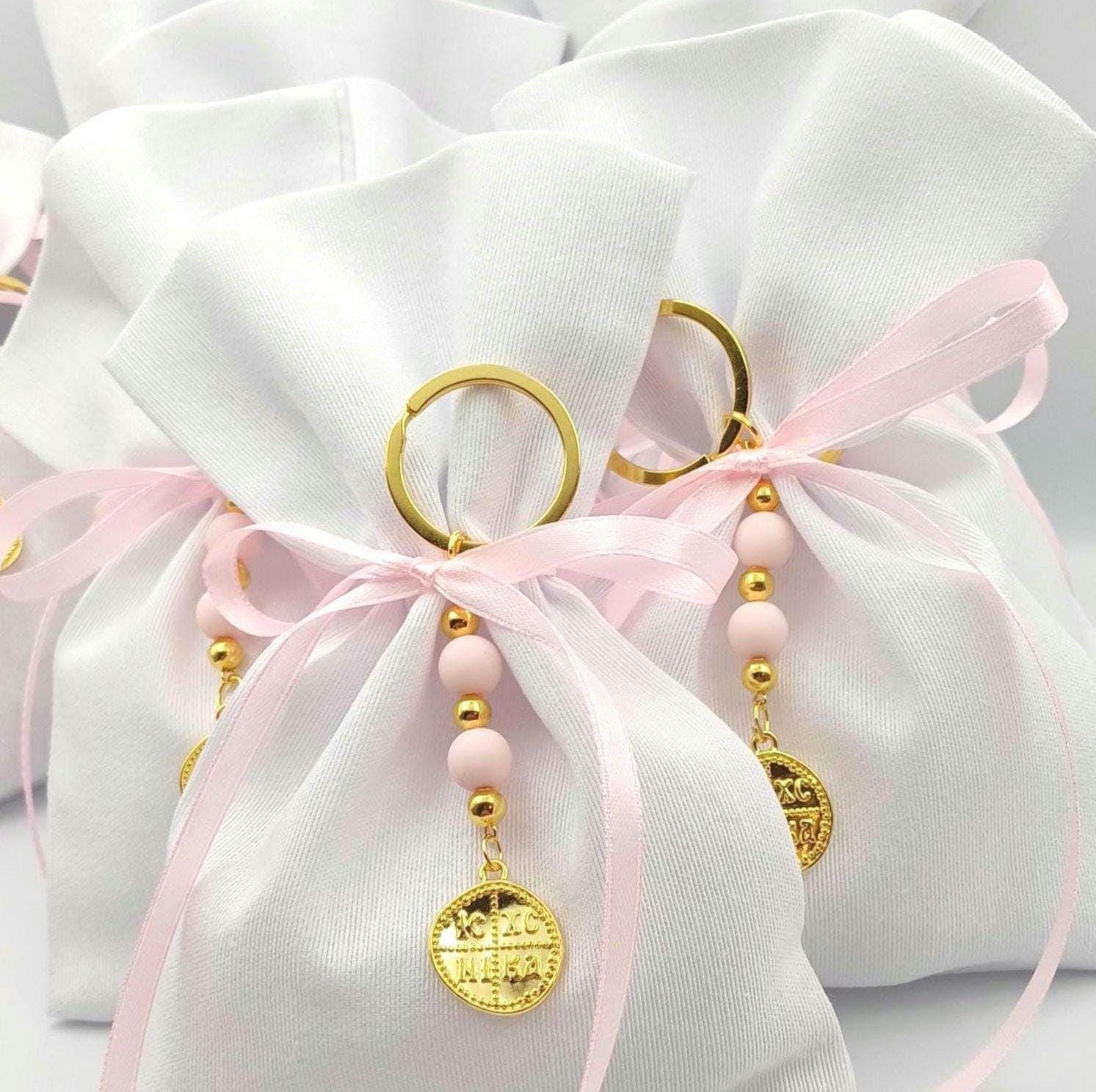 Greek Orthodox Baptism Boboniere Handmade Cotton Pouches with Cross Keychain  set of 10
