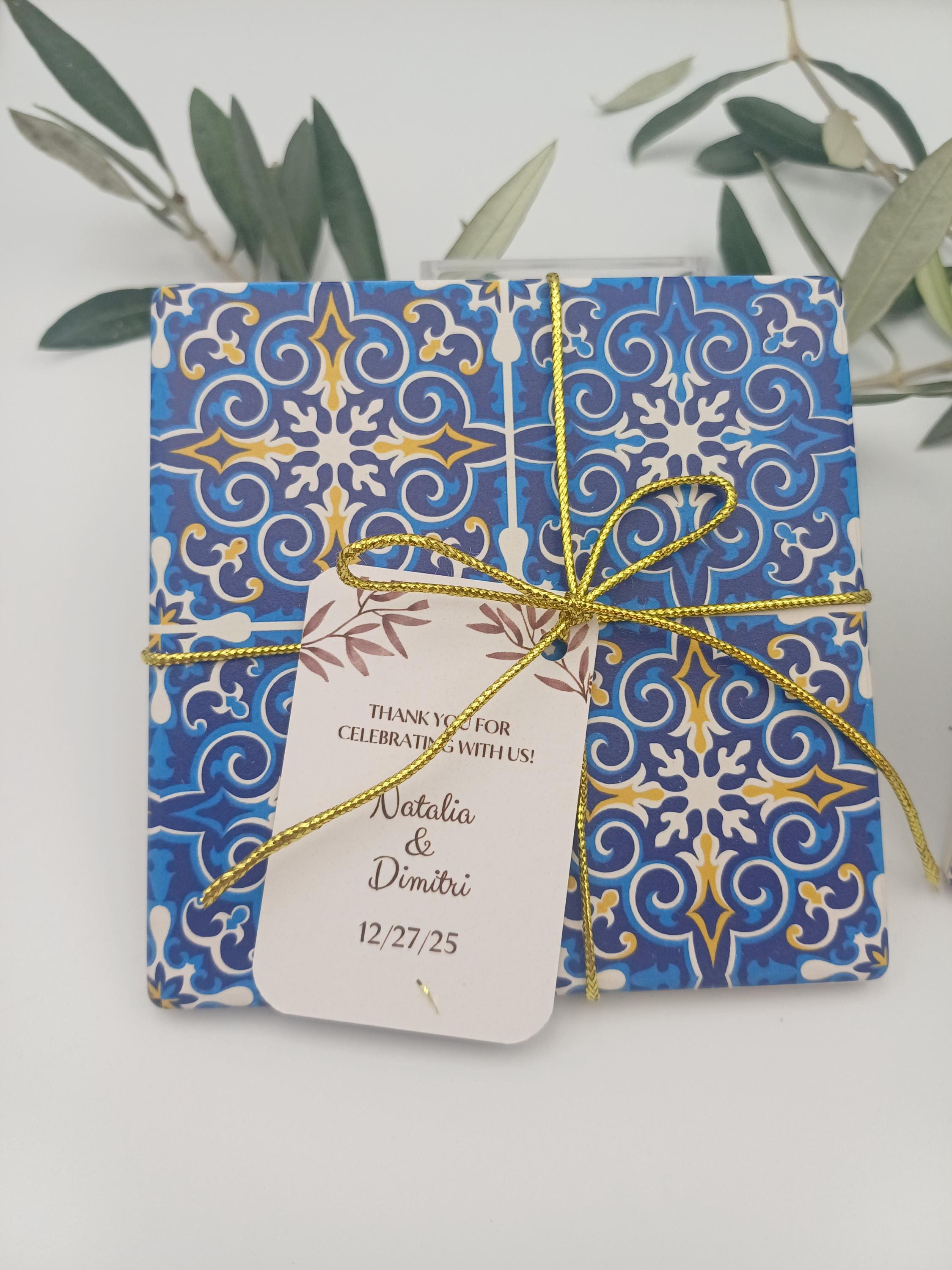 Greek Orthodox Wedding & Baptism Favor – Blue White Mediterranean Tile Coaster | Bomboniere Boy Baptism | Set of 10