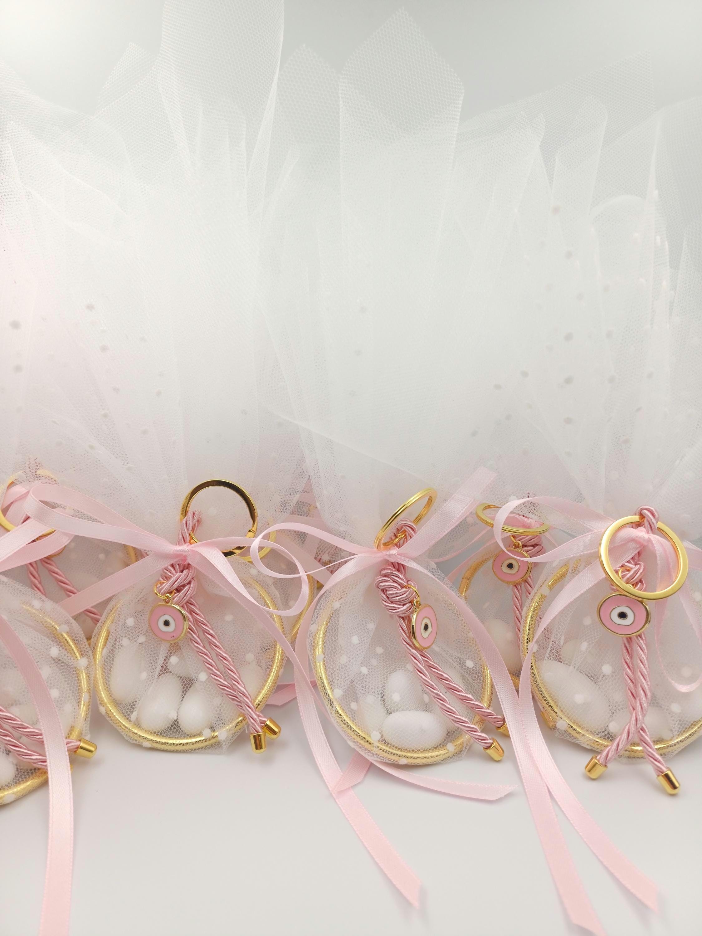 Greek Baptism Bombonieres – Evil Eye Keychain & Almond Candy – Orthodox Girl Favor, Martyrika, Koufeta (Set of 10)