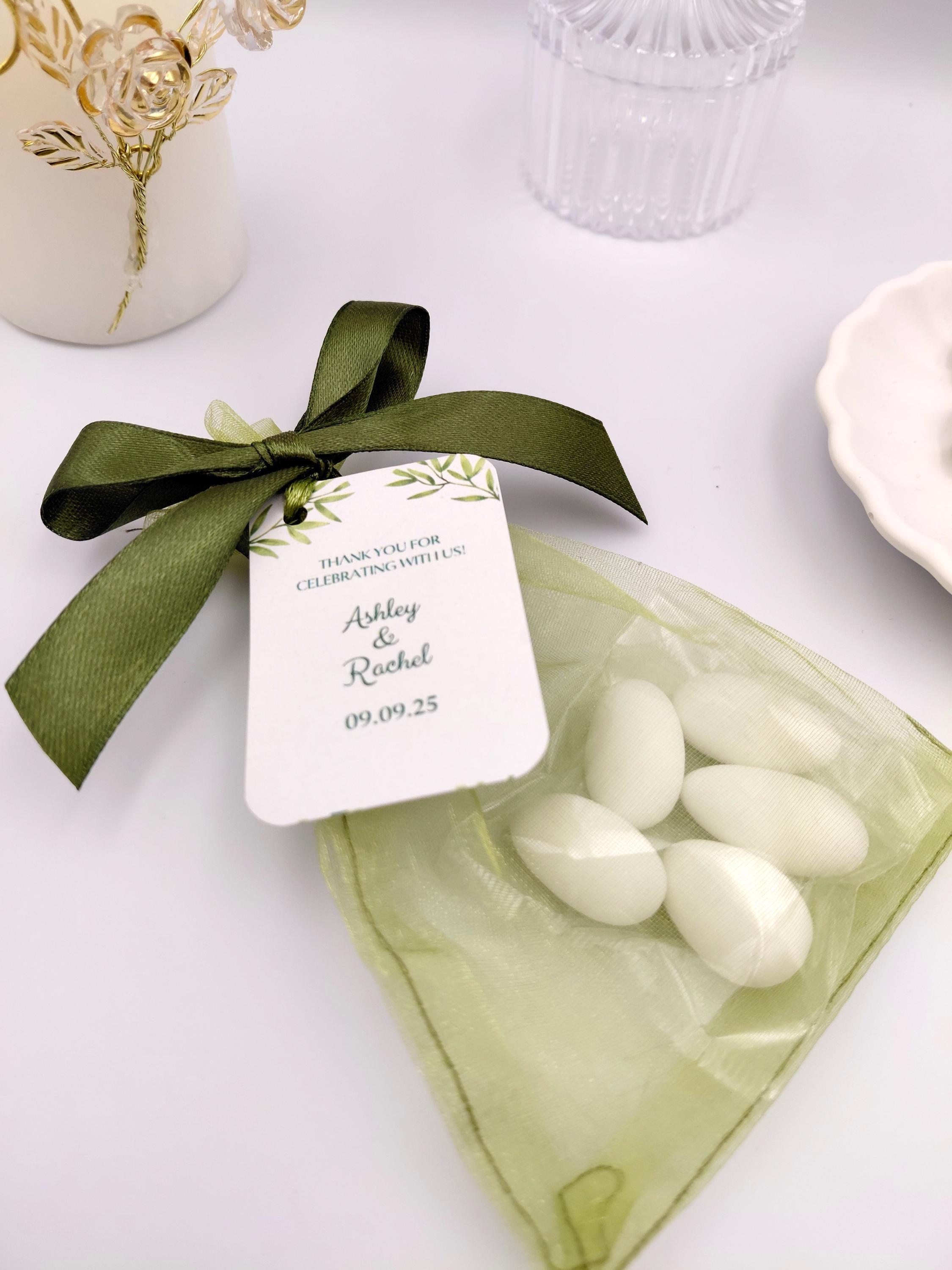 Greek Bombonieres Wedding Favors with Koufeta | Olive Green Organza Bag with Personalized Tag | Christening Baptism bomboniere 10pcs.