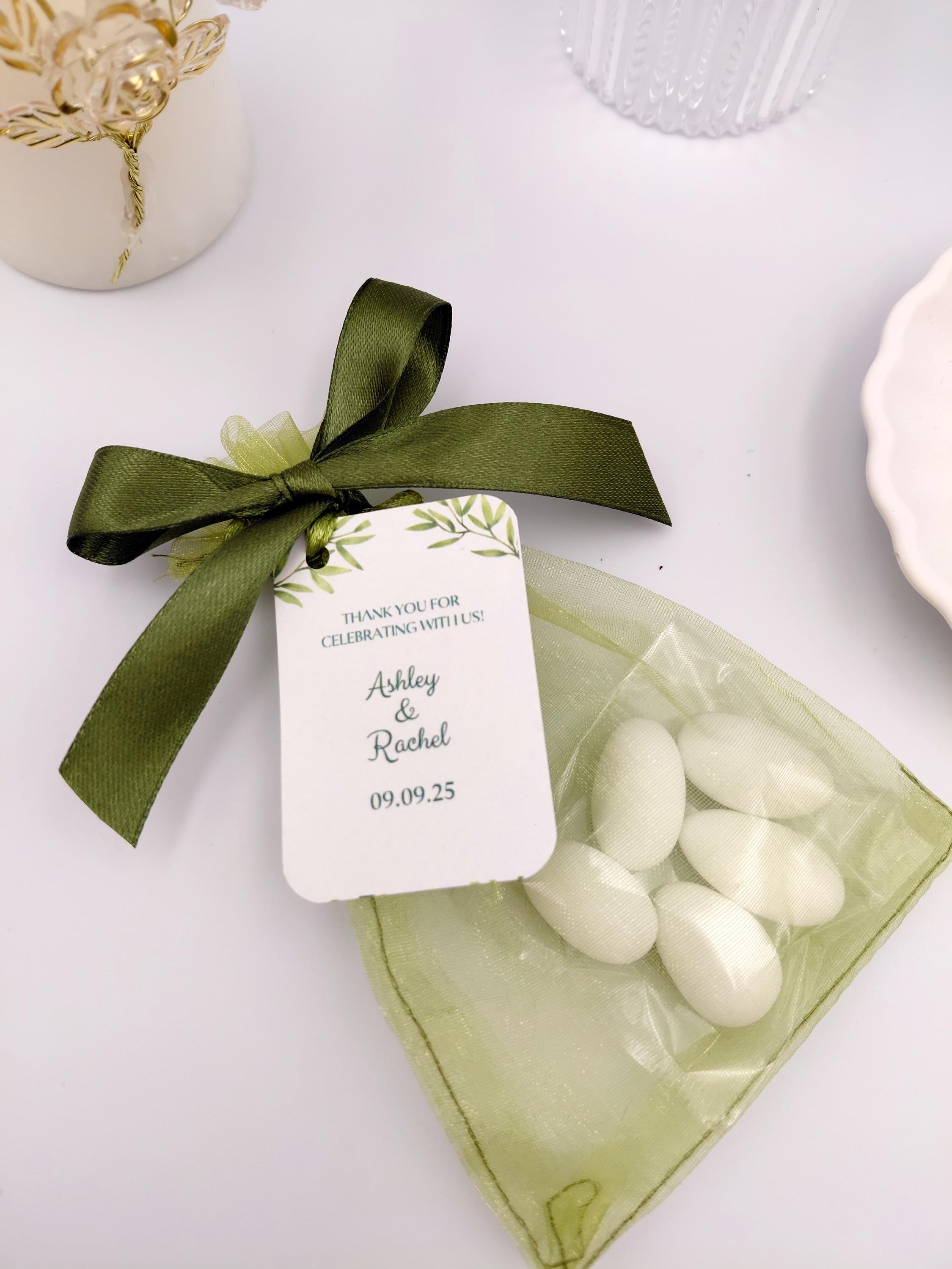 Greek Bombonieres Wedding Favors with Koufeta | Olive Green Organza Bag with Personalized Tag | Christening Baptism bomboniere 10pcs.