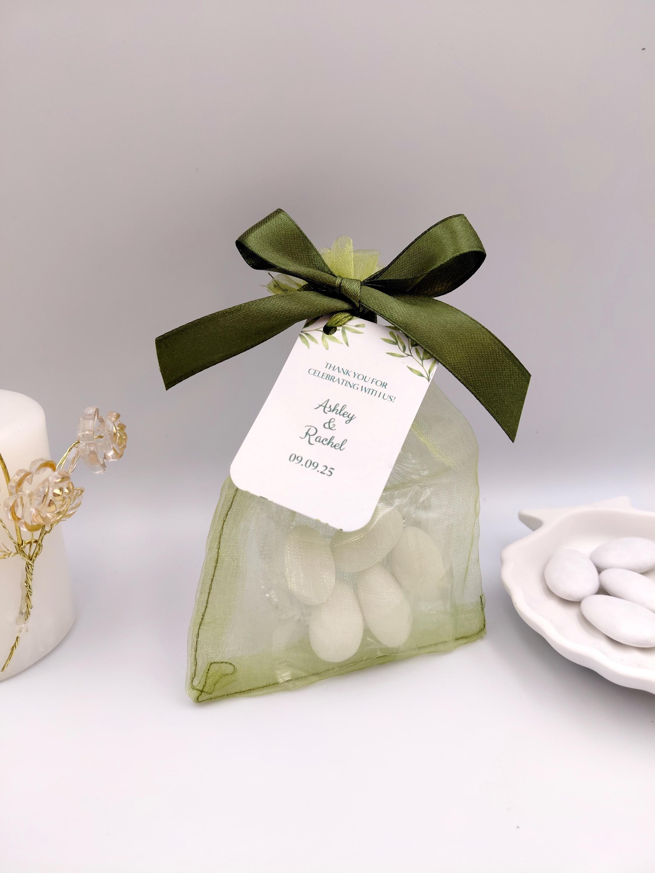 Greek Bombonieres Wedding Favors with Koufeta | Olive Green Organza Bag with Personalized Tag | Christening Baptism bomboniere 10pcs.