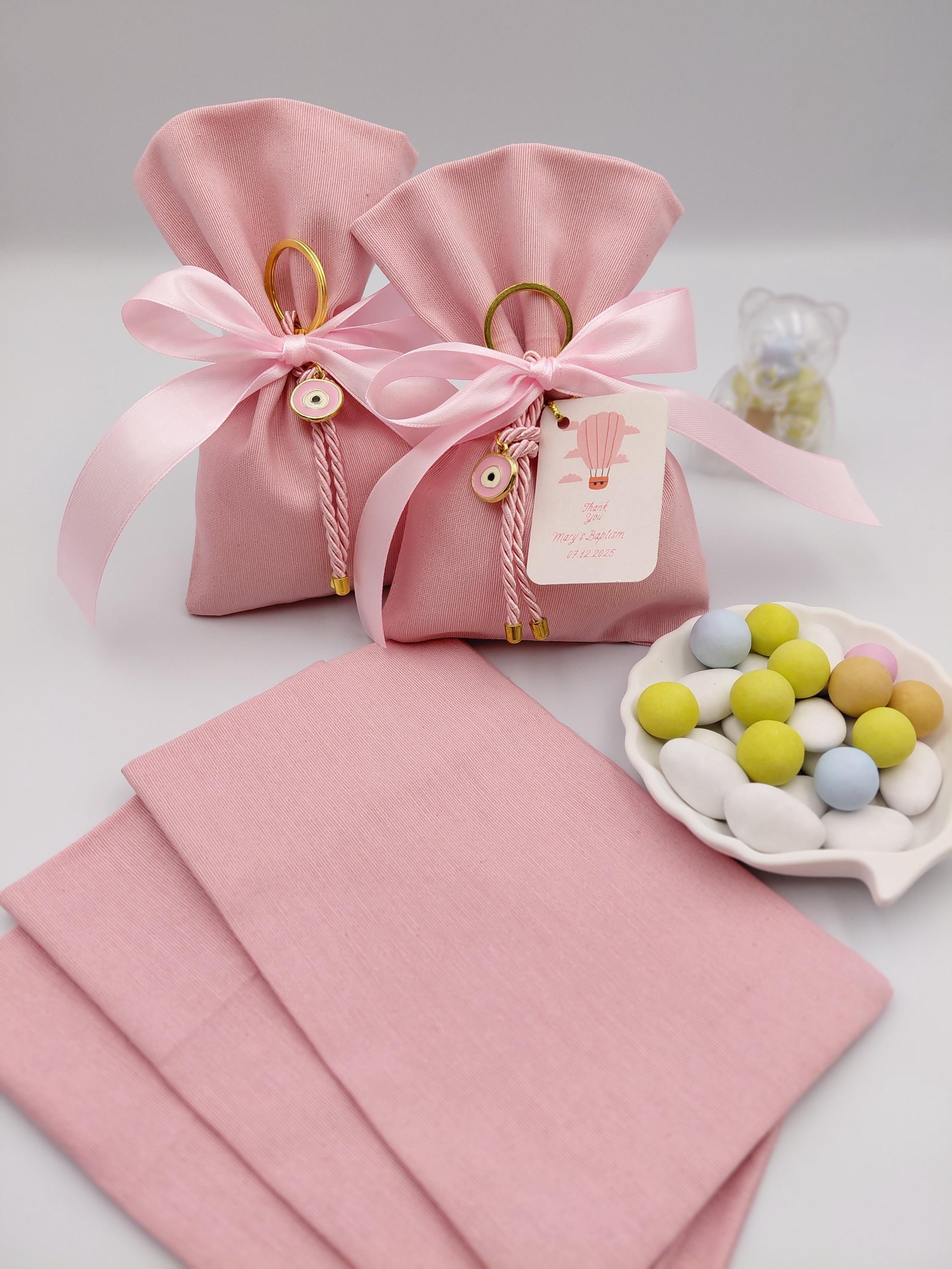 Evil Eye Bomboniere, pink cotton favor bags with Sugared Almonds , Greek Orthodox baptism  Set of 10