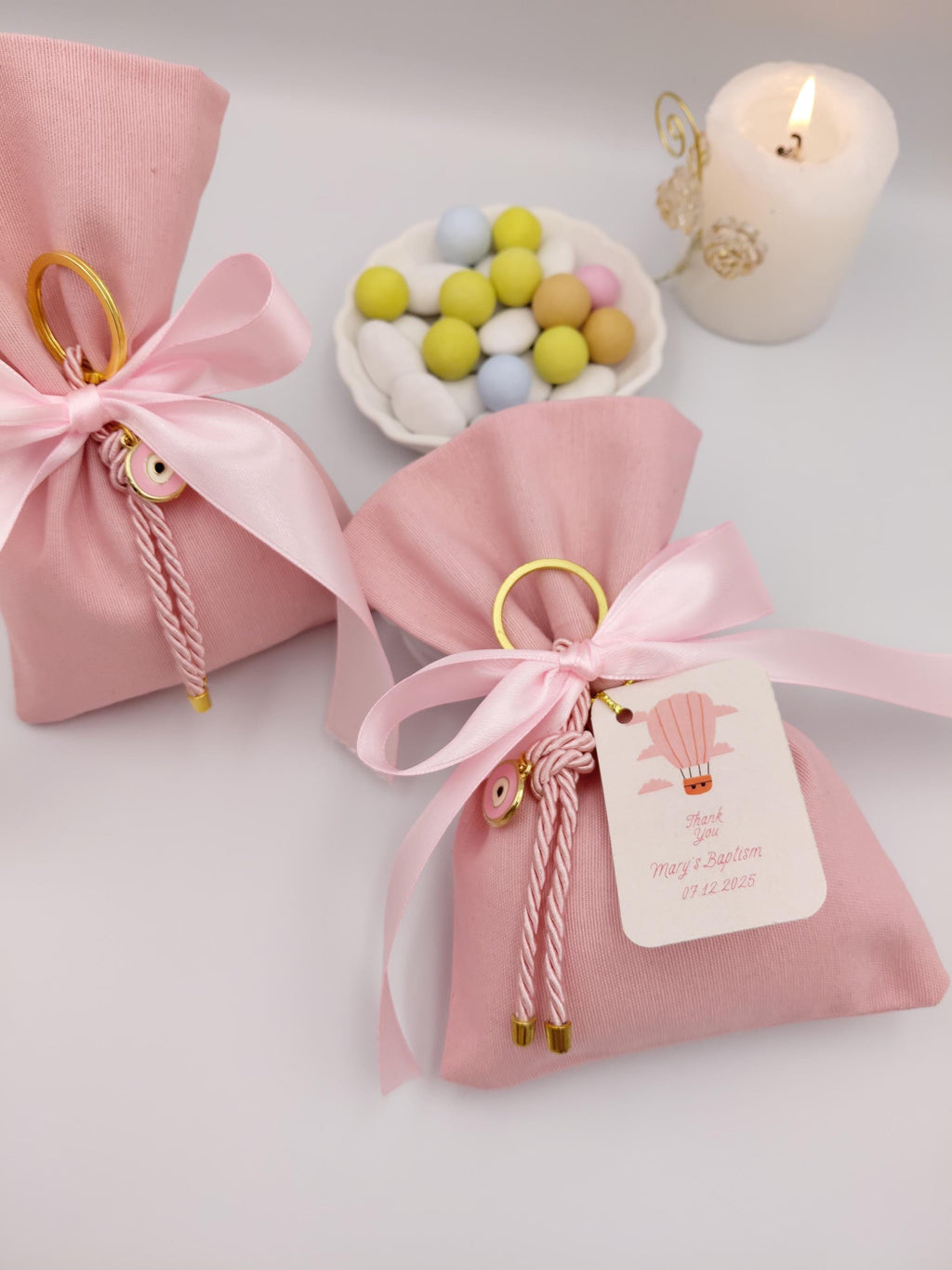 Evil Eye Bomboniere, pink cotton favor bags with Sugared Almonds , Greek Orthodox baptism  Set of 10
