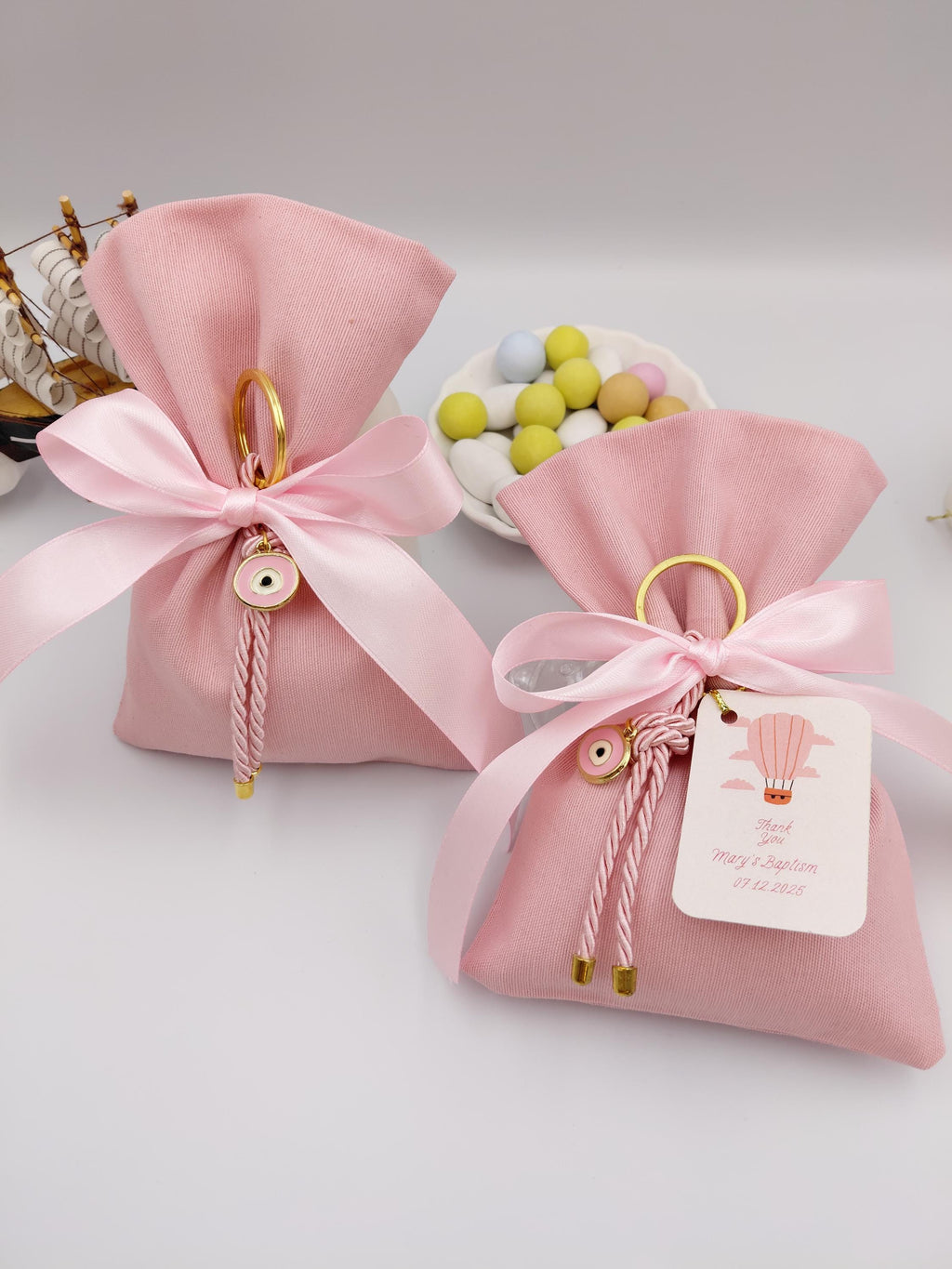 Evil Eye Bomboniere, pink cotton favor bags with Sugared Almonds , Greek Orthodox baptism  Set of 10
