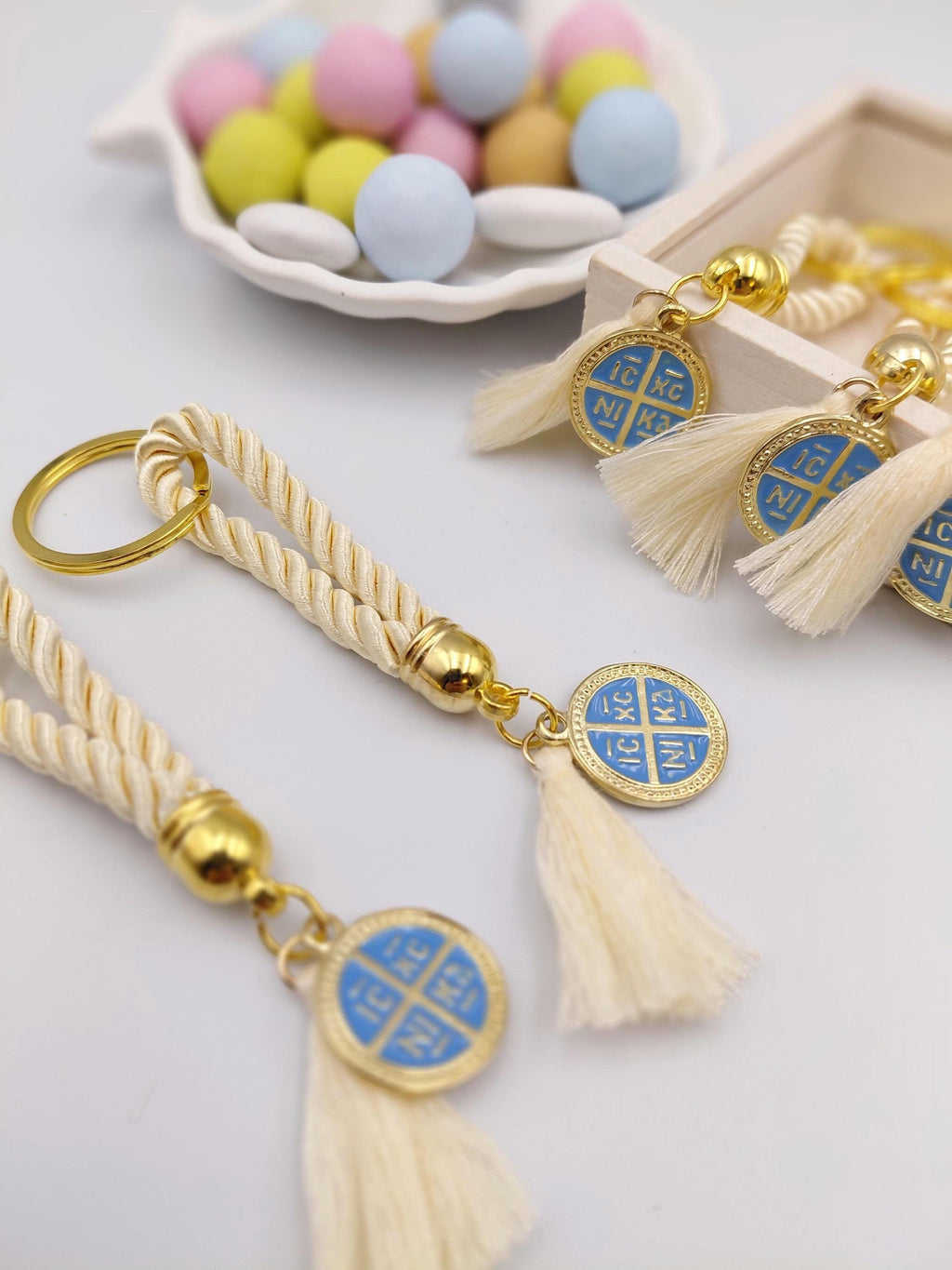 Greek Orthodox Baptism Favors Martyrika Cross Keychain Set of 10 – Blue Enamel ICXC NIKA Christening Favors