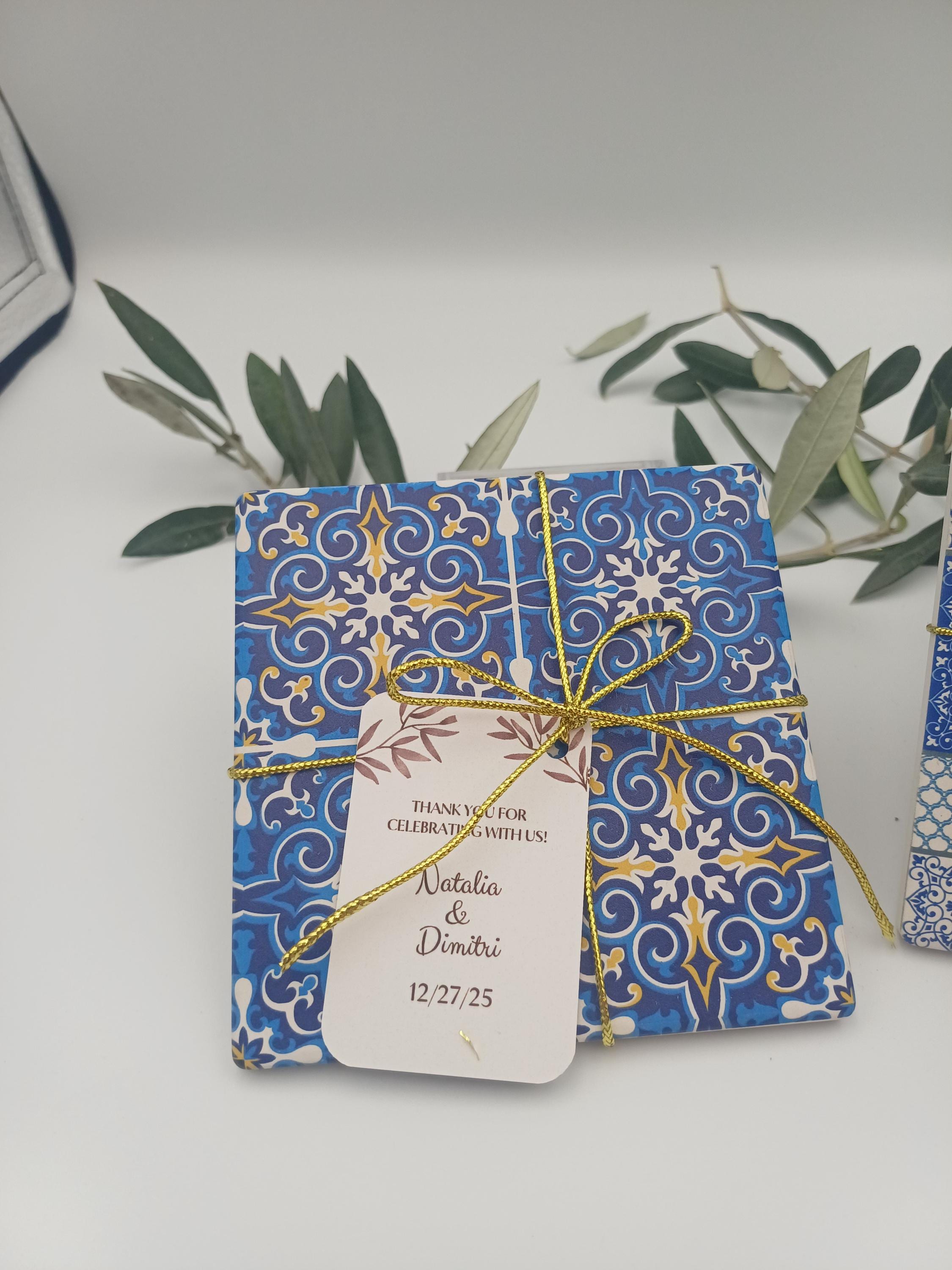 Greek Orthodox Wedding & Baptism Favor – Blue White Mediterranean Tile Coaster | Bomboniere Boy Baptism | Set of 10