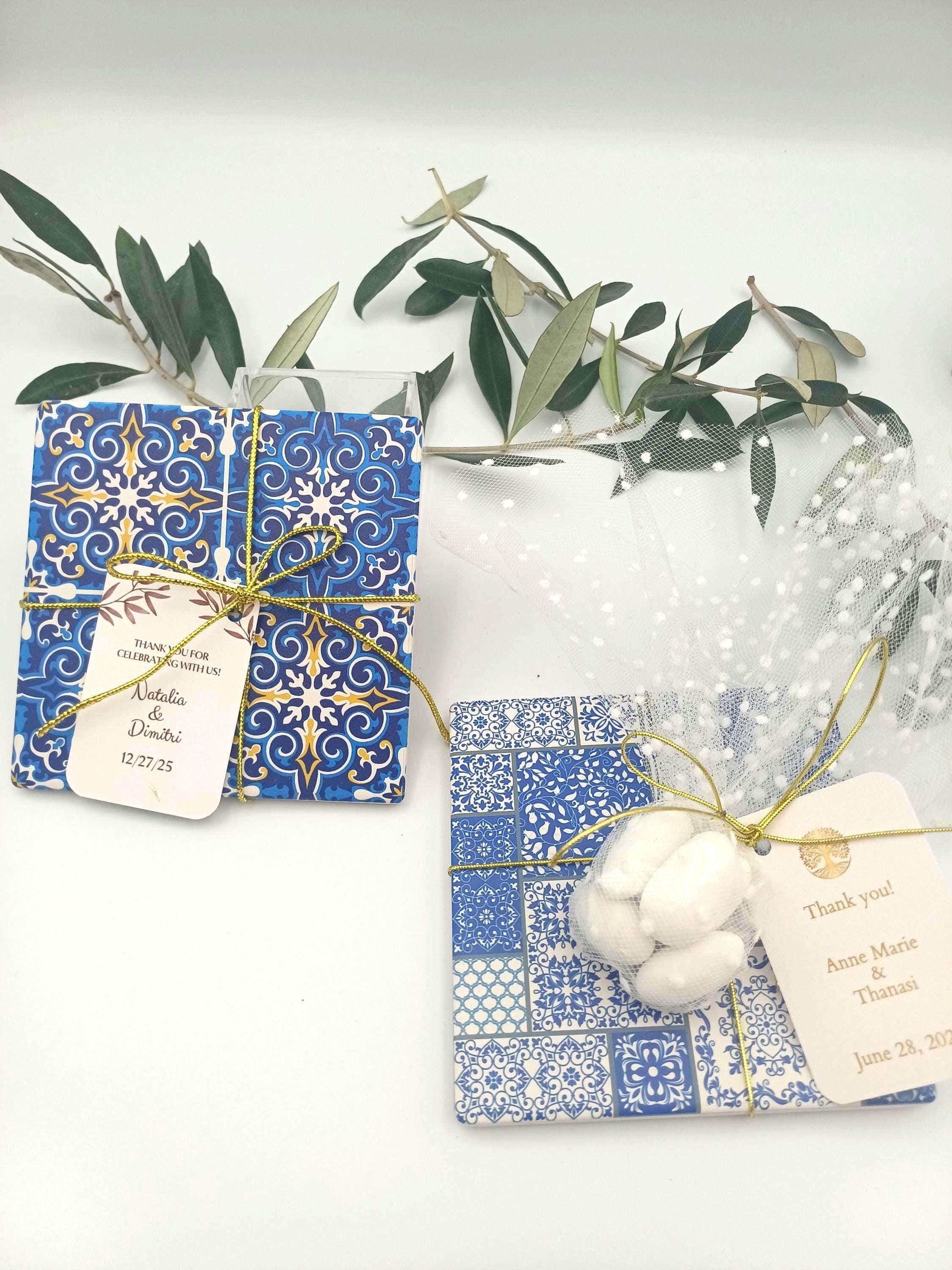 Greek Orthodox Wedding & Baptism Favor – Blue White Mediterranean Tile Coaster | Bomboniere Boy Baptism | Set of 10