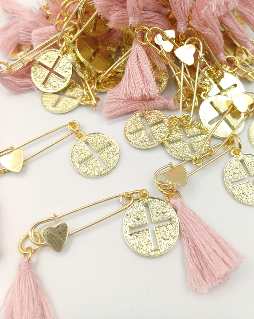 Greek Orthodox Cross Martyrika Safe Pins Baptism, pink Christening Favours 10 pcs
