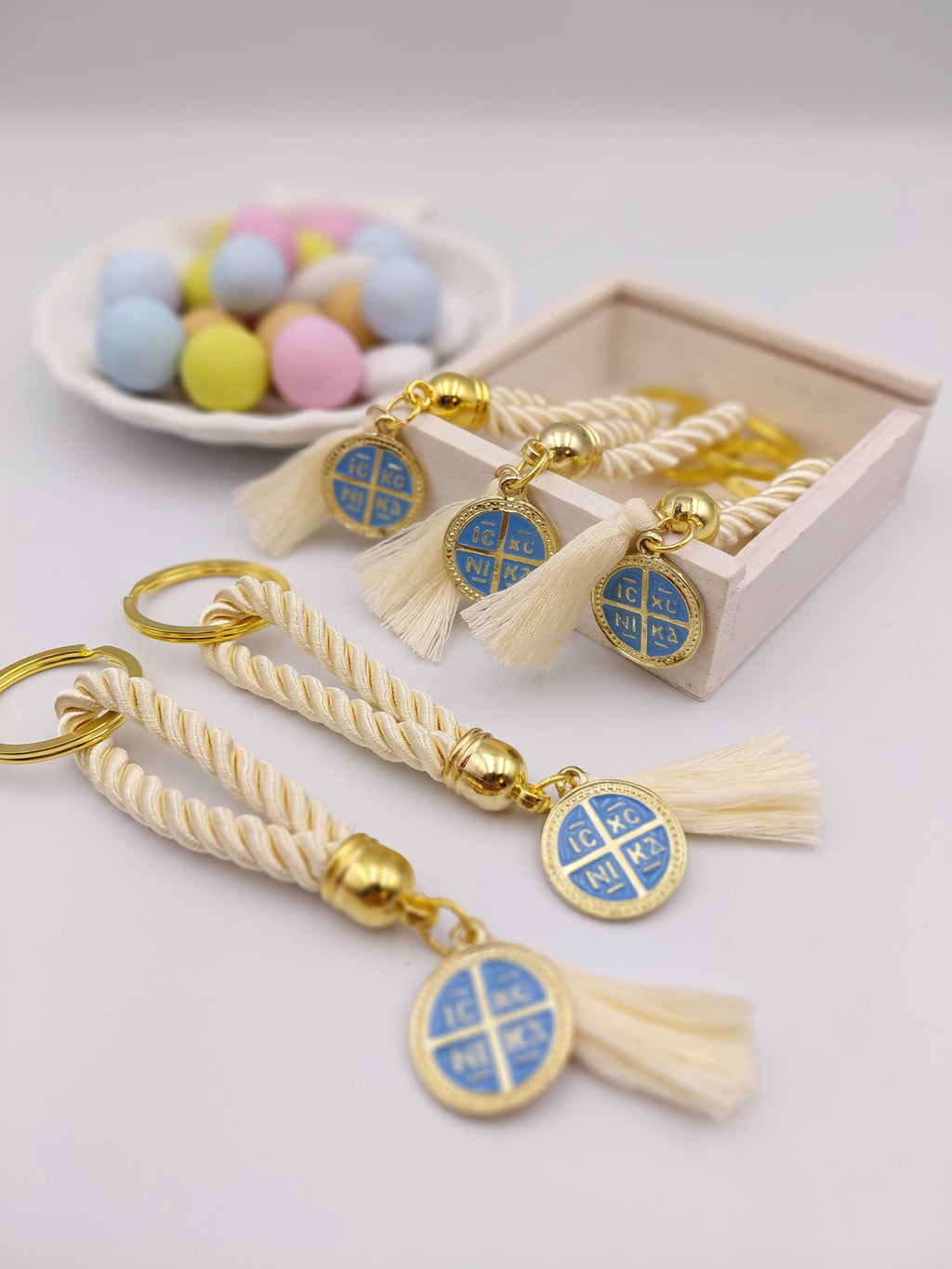 Greek Orthodox Baptism Favors Martyrika Cross Keychain Set of 10 – Blue Enamel ICXC NIKA Christening Favors