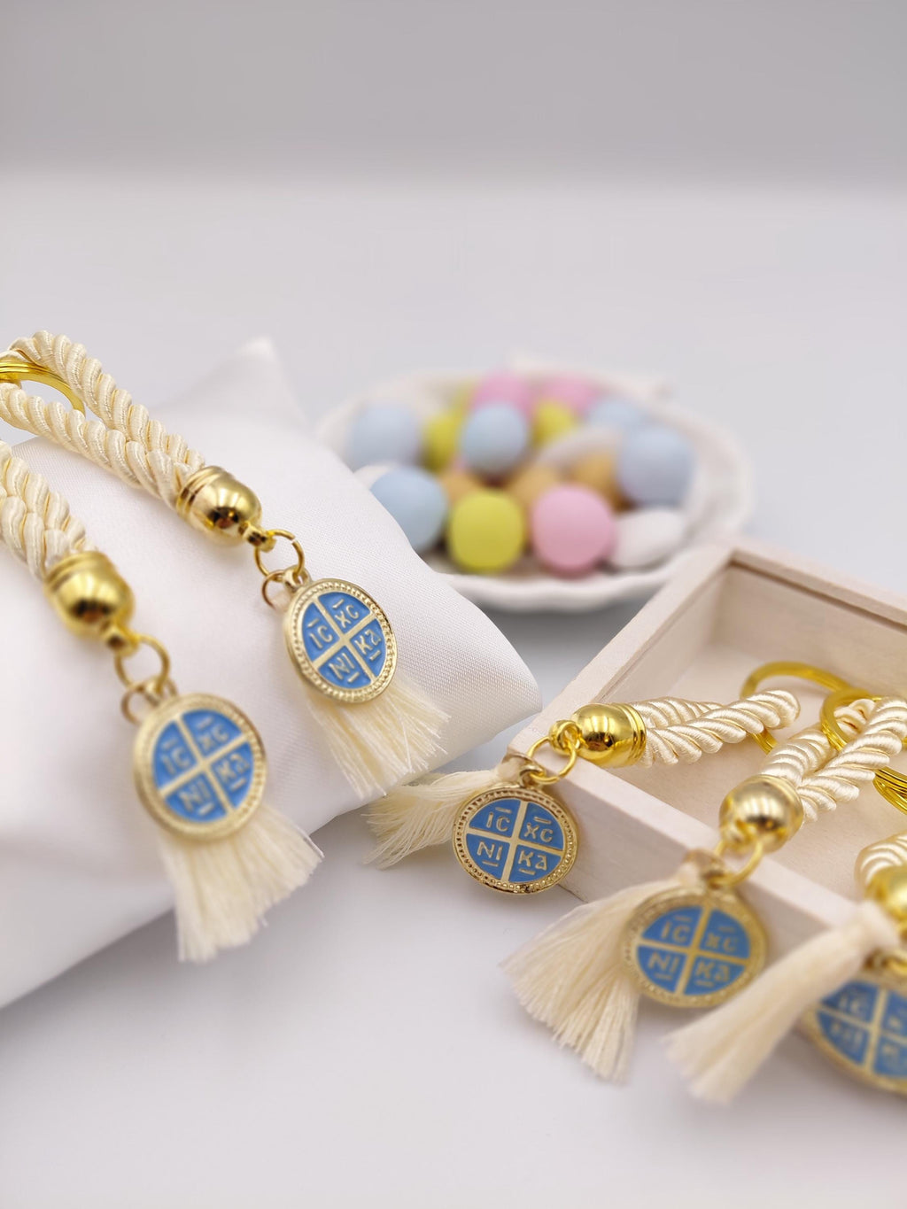 Greek Orthodox Baptism Favors Martyrika Cross Keychain Set of 10 – Blue Enamel ICXC NIKA Christening Favors
