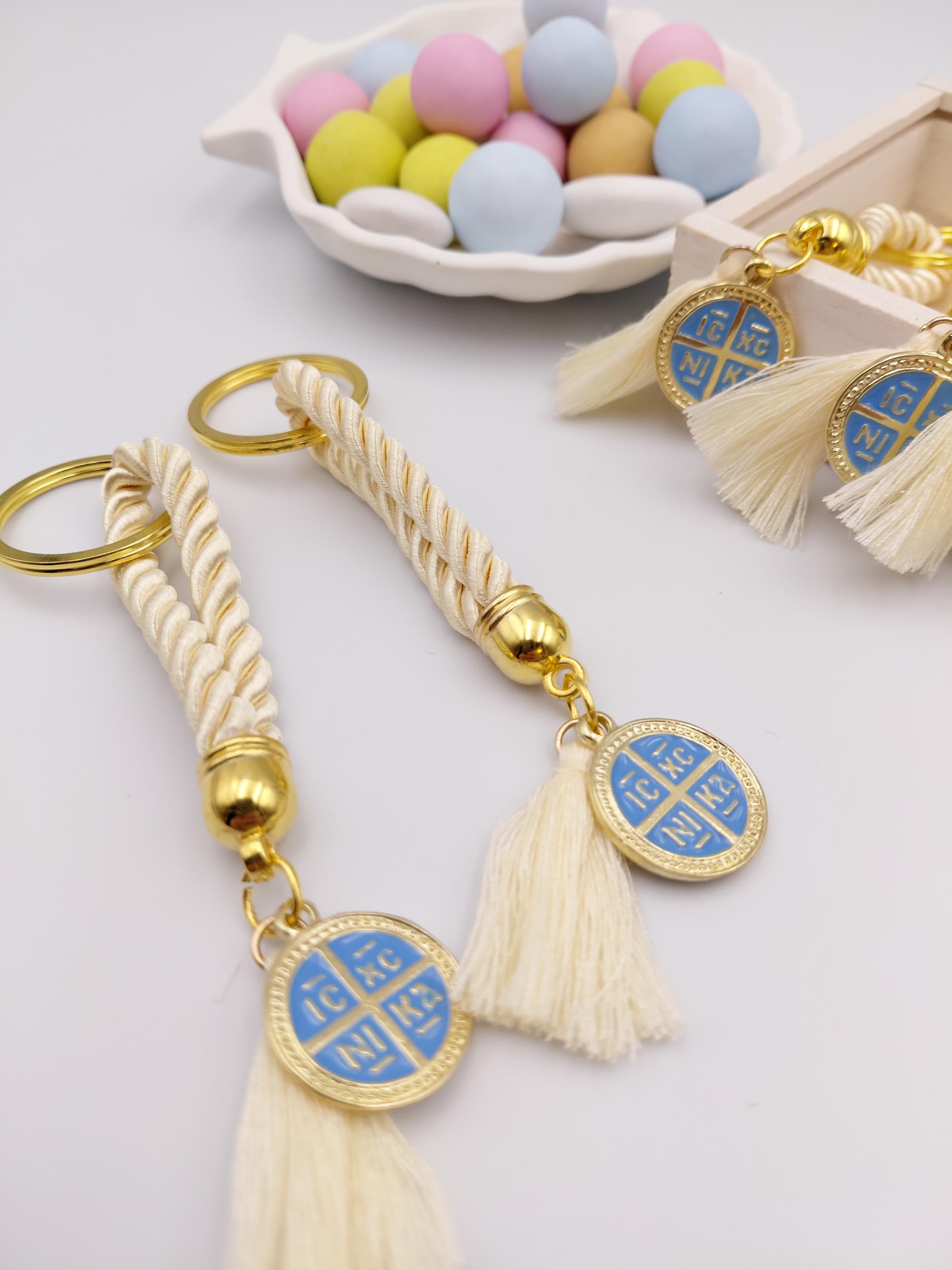 Greek Orthodox Baptism Favors Martyrika Cross Keychain Set of 10 – Blue Enamel ICXC NIKA Christening Favors