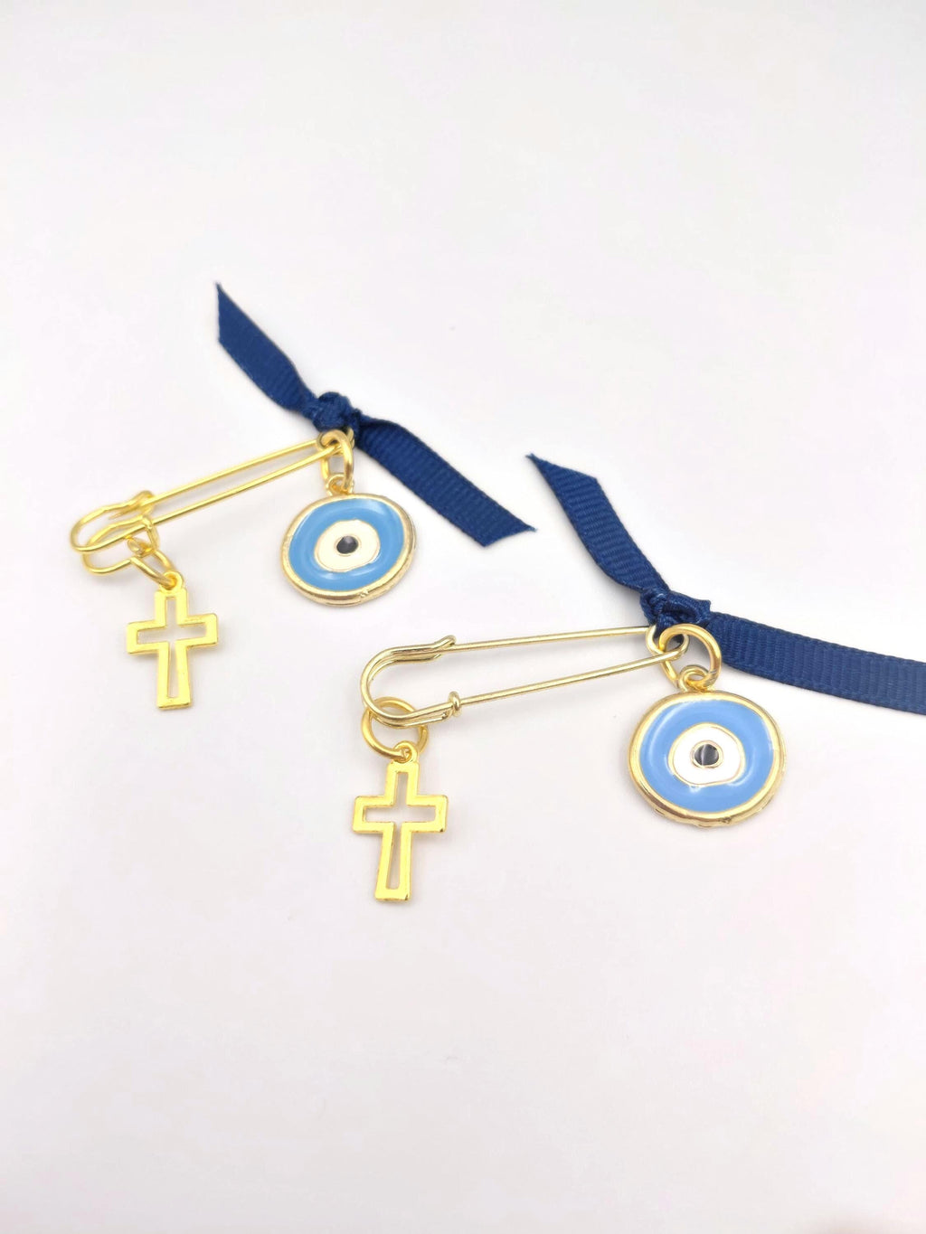 Martyrika Safety Pins - Set of 10 | Cross & Enamel Evil Eye Baptism Favors | Christening First Communion Keepsakes