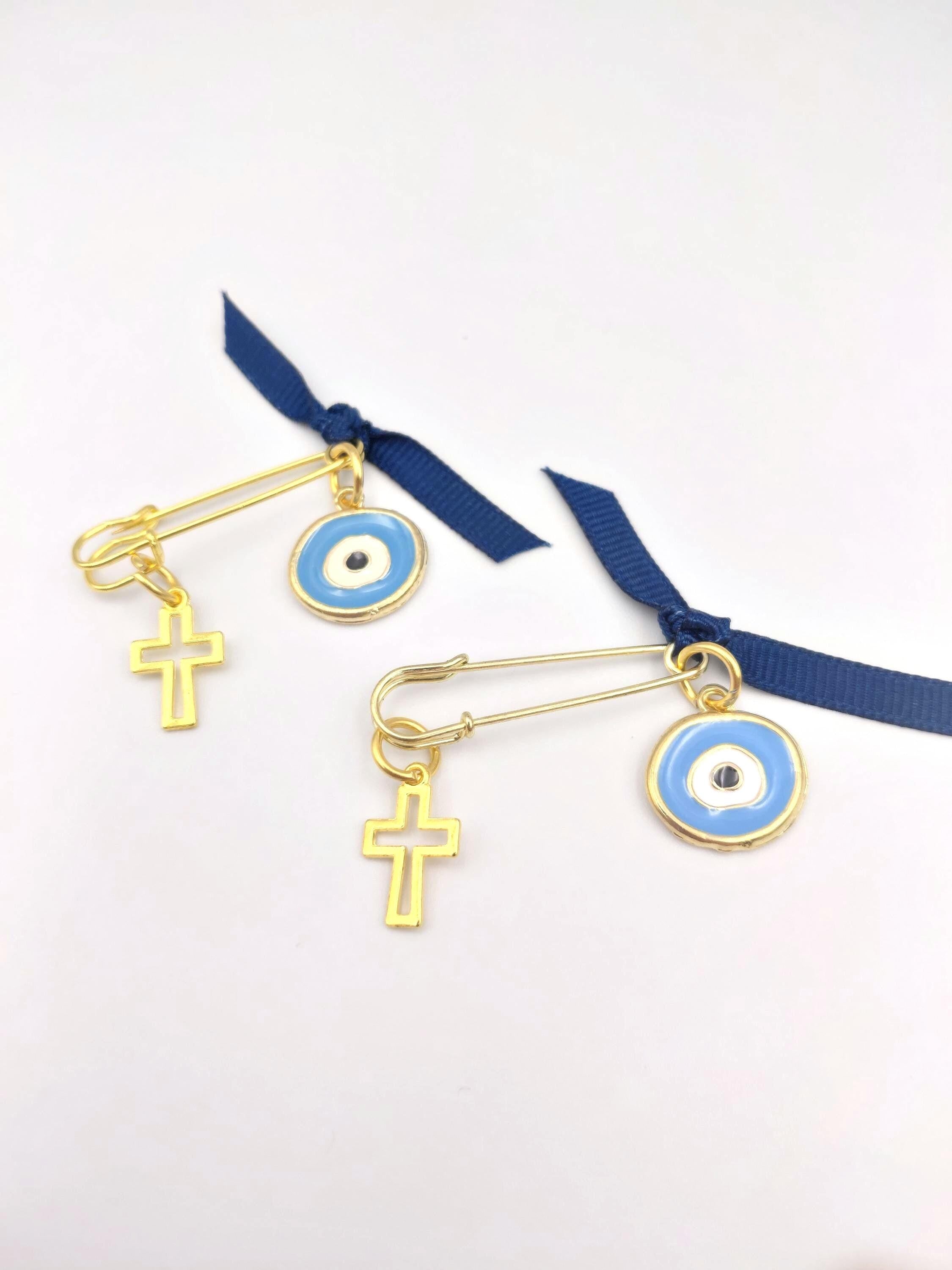 Martyrika Safety Pins - Set of 10 | Cross & Enamel Evil Eye Baptism Favors | Christening First Communion Keepsakes