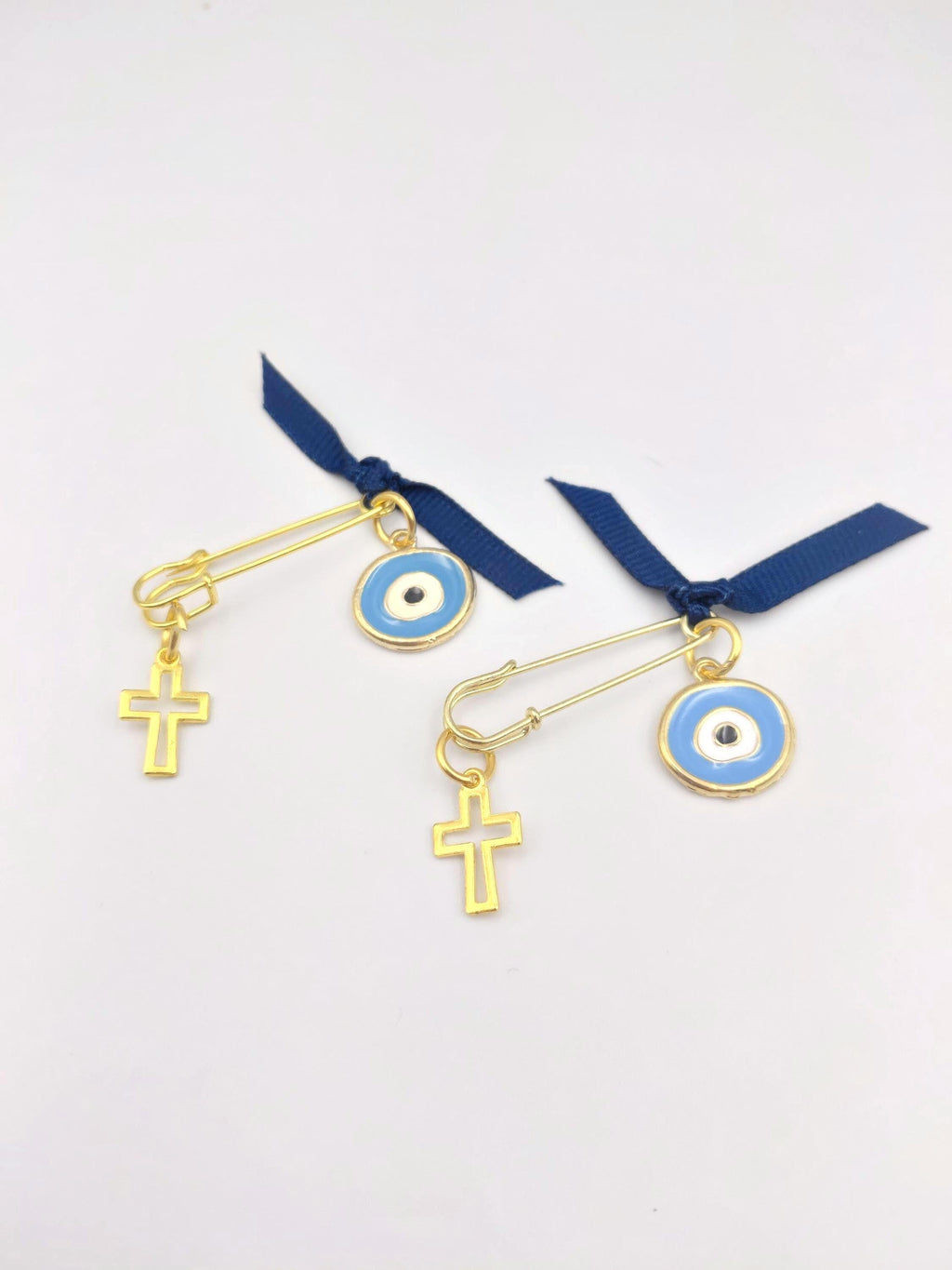 Martyrika Safety Pins - Set of 10 | Cross & Enamel Evil Eye Baptism Favors | Christening First Communion Keepsakes