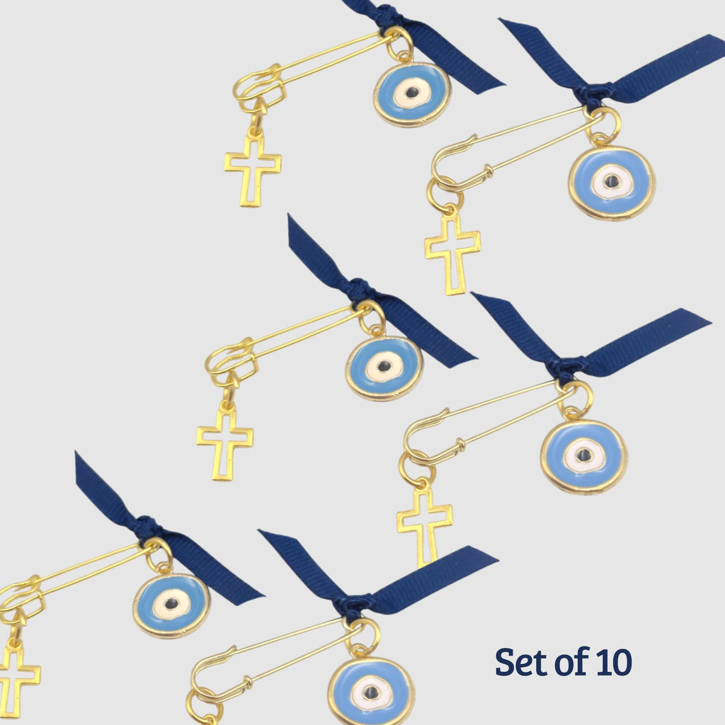 Martyrika Safety Pins - Set of 10 | Cross & Enamel Evil Eye Baptism Favors | Christening First Communion Keepsakes