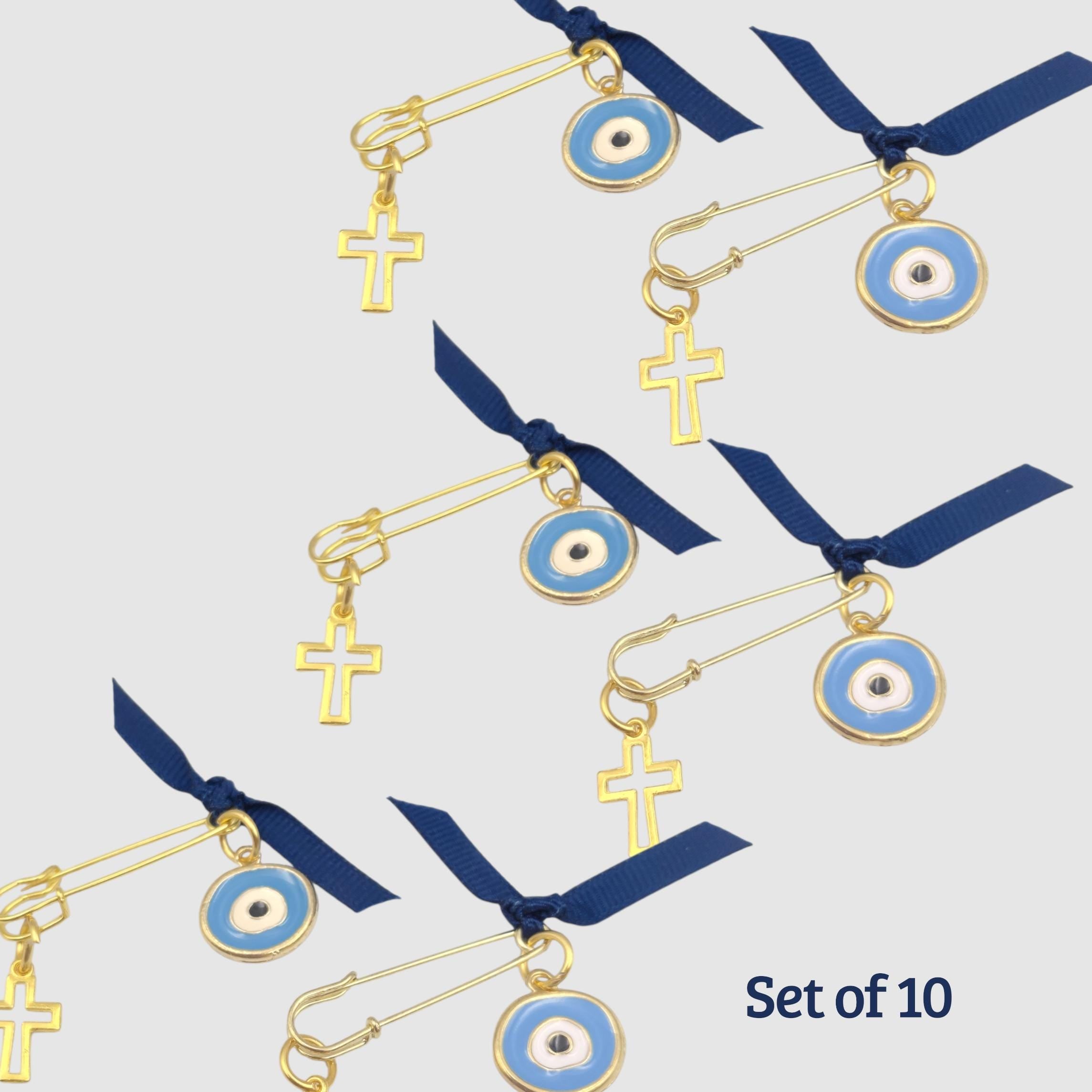 Martyrika Safety Pins - Set of 10 | Cross & Enamel Evil Eye Baptism Favors | Christening First Communion Keepsakes