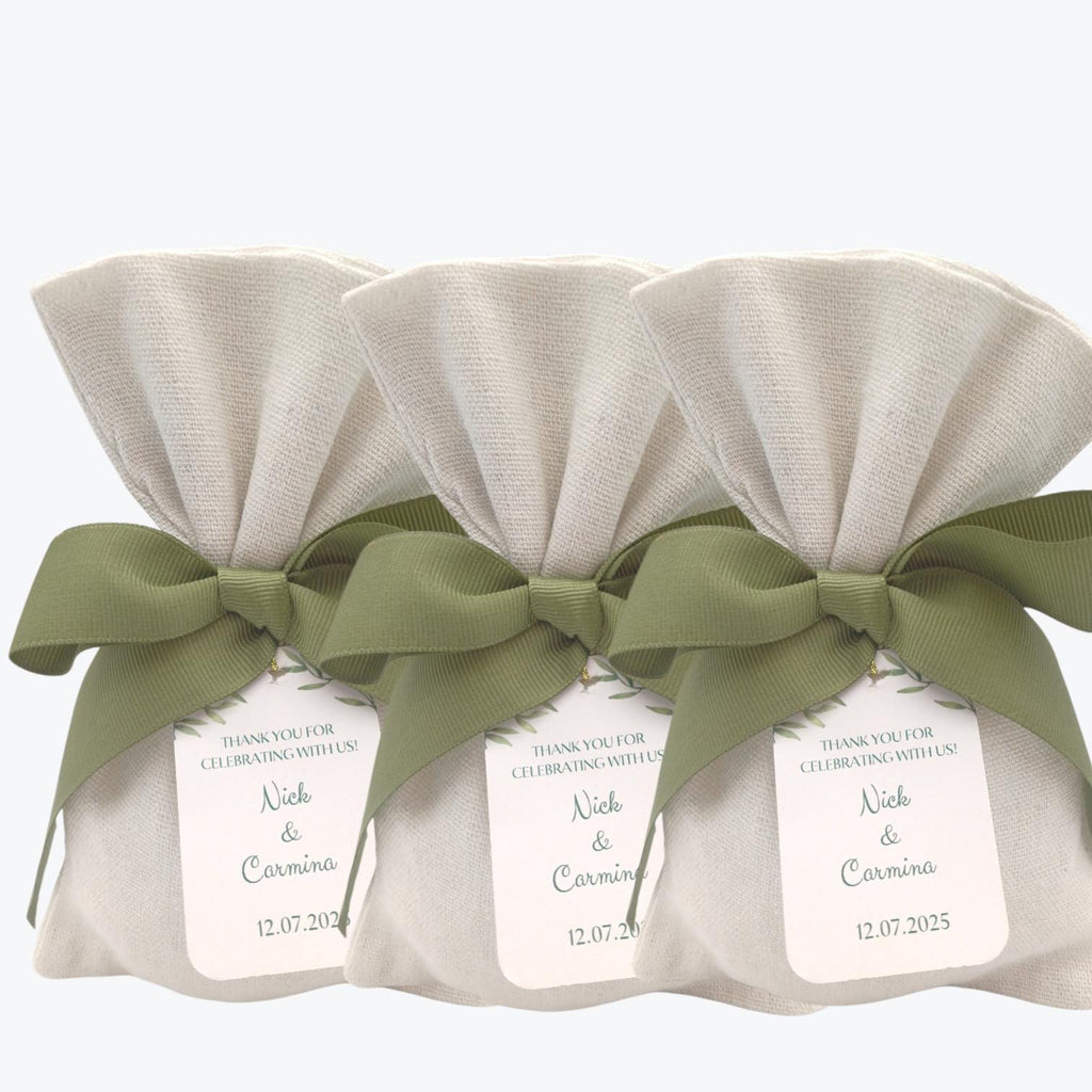 Personalized Olive Bombonieres – Linen Wedding Pouch with sage Green Ribbon, Custom Tag | Greek Italian Favor, Mediterranean Confetti 10pcs