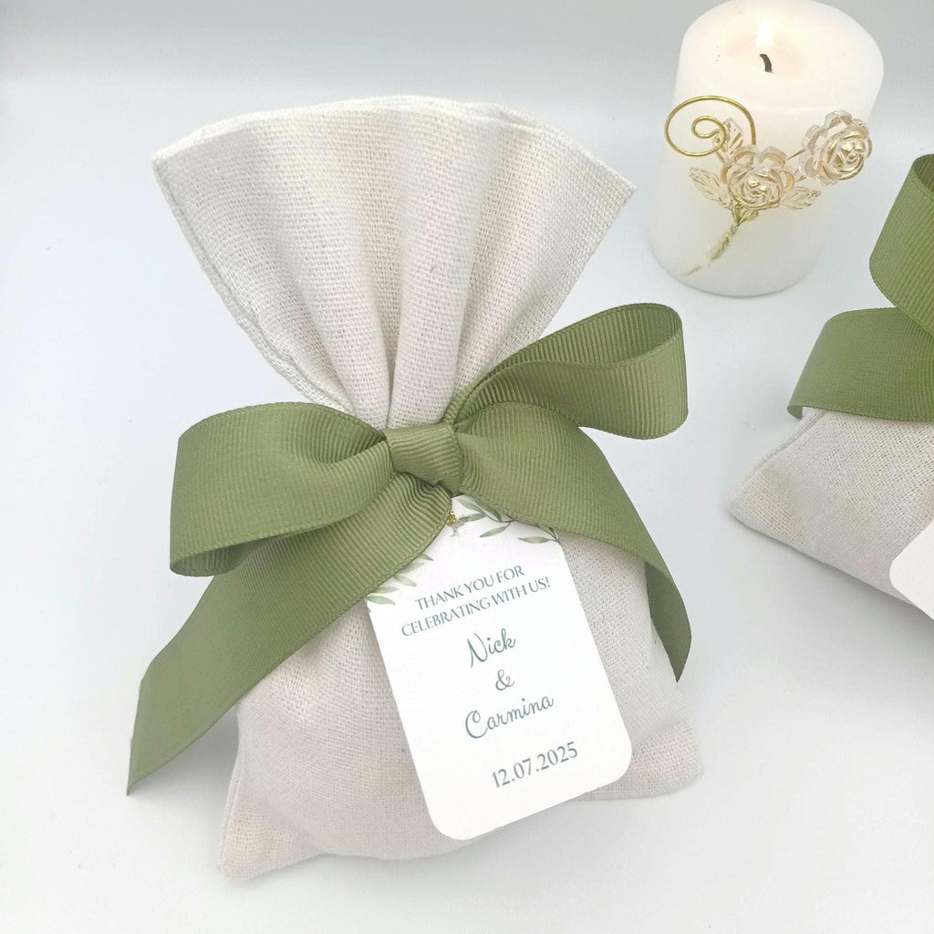 Personalized Olive Bombonieres – Linen Wedding Pouch with sage Green Ribbon, Custom Tag | Greek Italian Favor, Mediterranean Confetti 10pcs