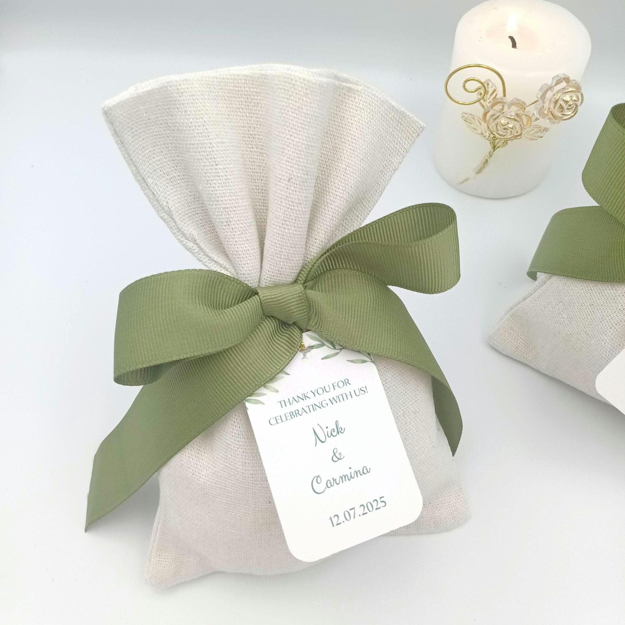 Personalized Olive Bombonieres – Linen Wedding Pouch with sage Green Ribbon, Custom Tag | Greek Italian Favor, Mediterranean Confetti 10pcs