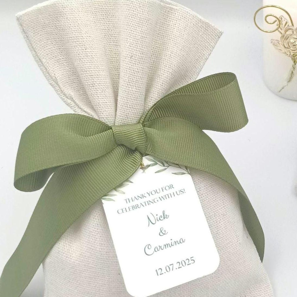 Personalized Olive Bombonieres – Linen Wedding Pouch with sage Green Ribbon, Custom Tag | Greek Italian Favor, Mediterranean Confetti 10pcs
