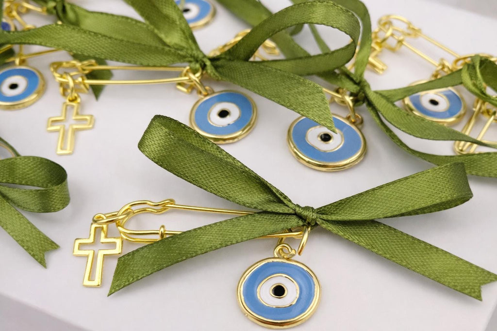 Christening Martyrika Pin | Baptism Witness Pins with Cross & Evil Eye | Greek Orthodox Baptism Favor (10 pcs)