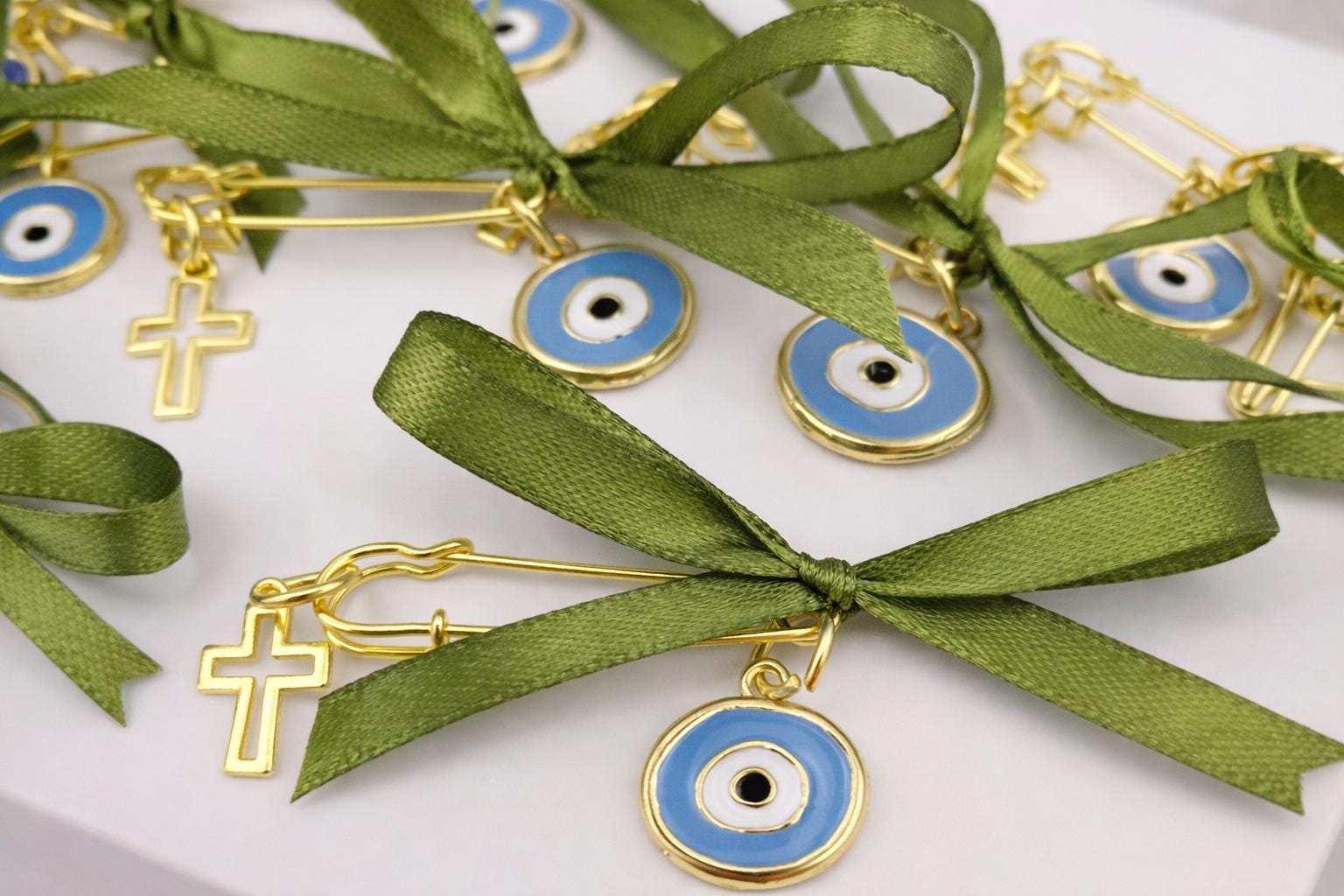 Christening Martyrika Pin | Baptism Witness Pins with Cross & Evil Eye | Greek Orthodox Baptism Favor (10 pcs)