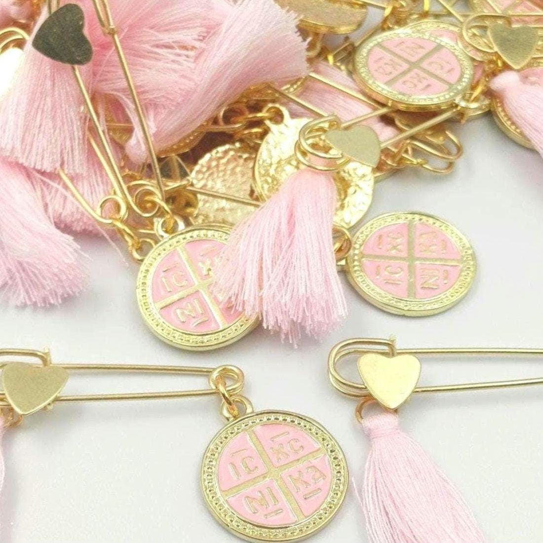 Greek Baptism Martyrika Safe pin – Gold Enamel Cross Witness Pins – Orthodox Baptism Favors, first communion gift (Set of 10)