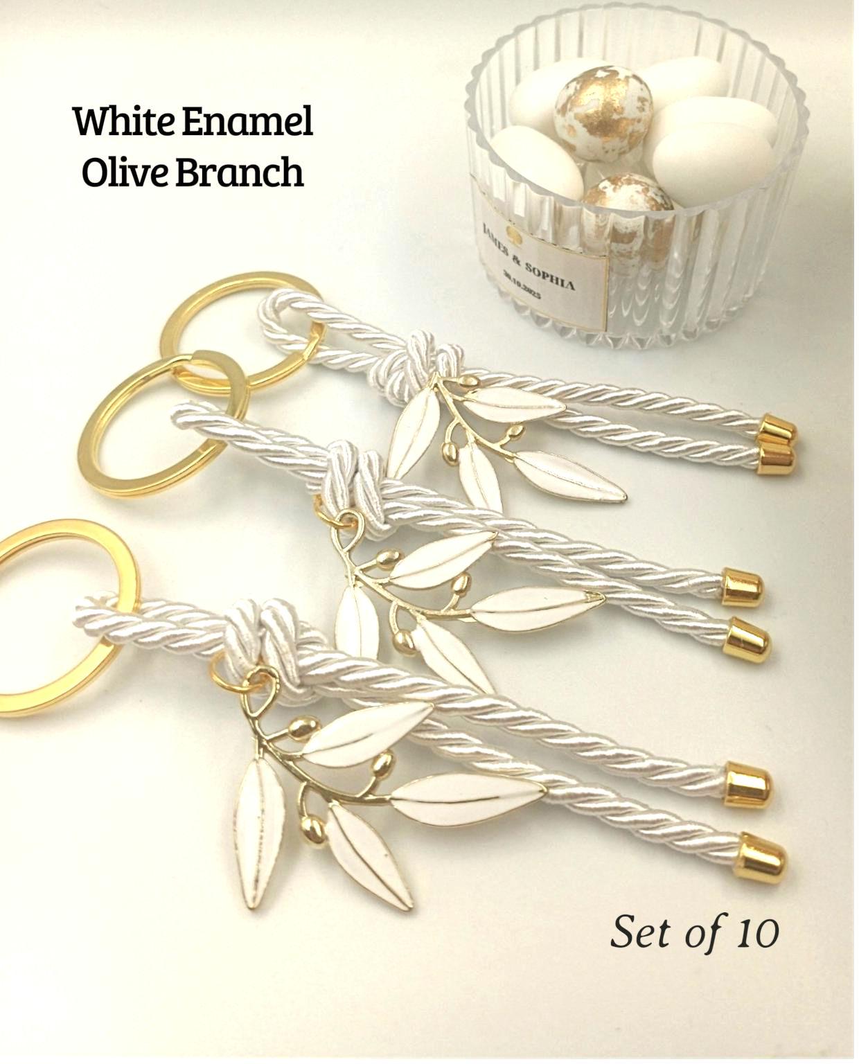 Olive Branch Wedding Favor – White Enamel Olive Branch Keychain, Greek Wedding Favor Set of 10 Personalized