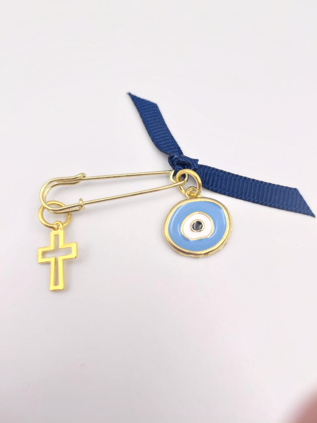 Martyrika Safety Pins - Set of 10 | Cross & Enamel Evil Eye Baptism Favors | Christening First Communion Keepsakes