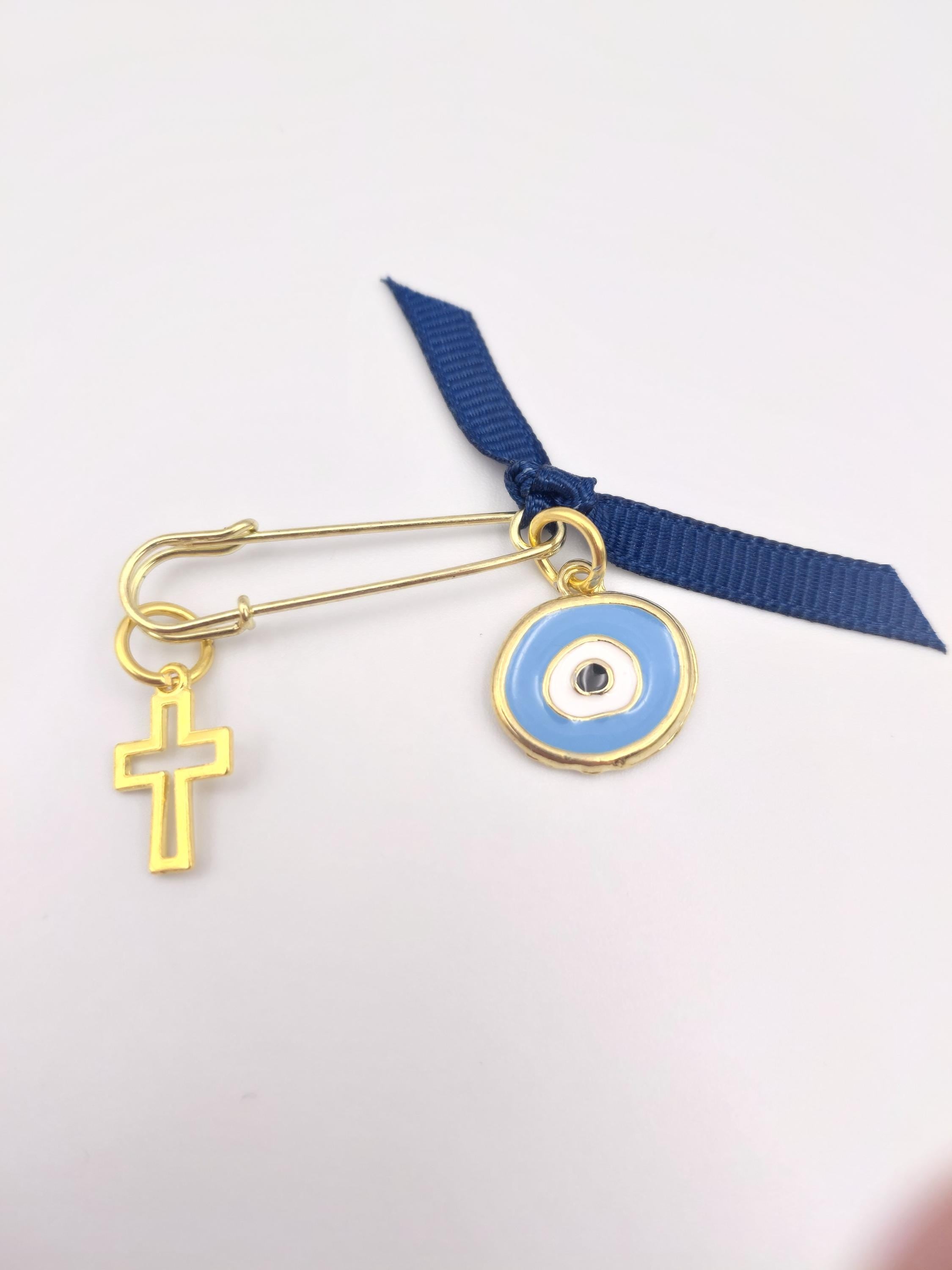 Martyrika Safety Pins - Set of 10 | Cross & Enamel Evil Eye Baptism Favors | Christening First Communion Keepsakes