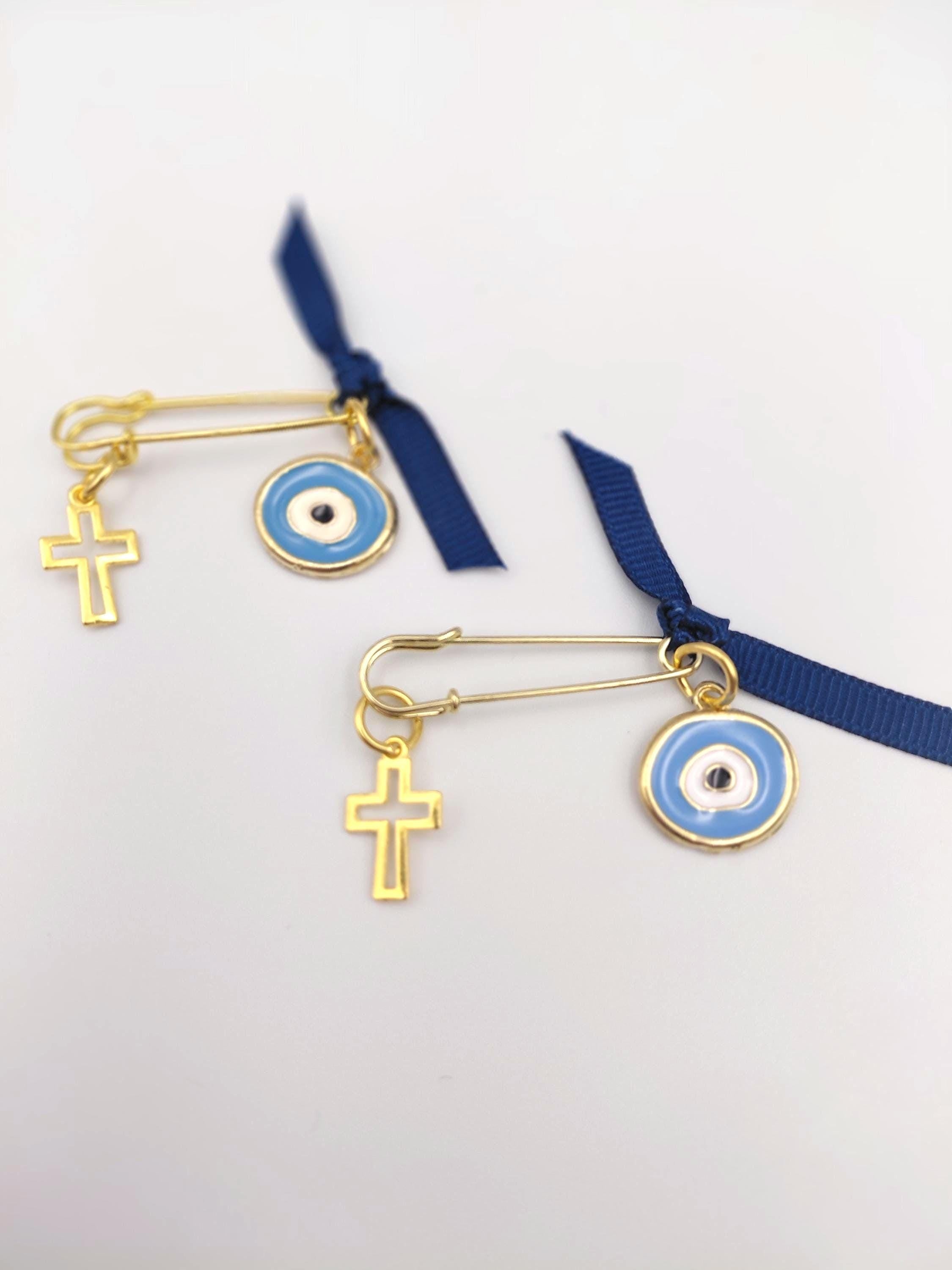 Martyrika Safety Pins - Set of 10 | Cross & Enamel Evil Eye Baptism Favors | Christening First Communion Keepsakes