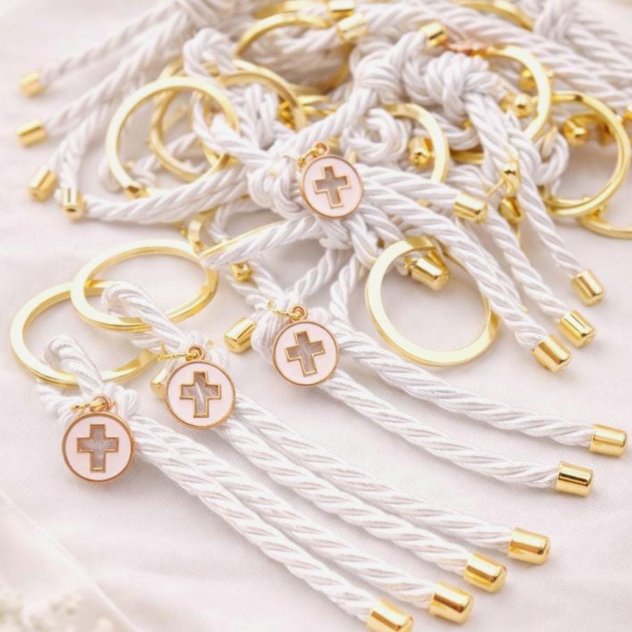 Pink Cross Keychain Favors | Greek Baptism Martyrika | Orthodox Christening Witness Gifts | Set of 10
