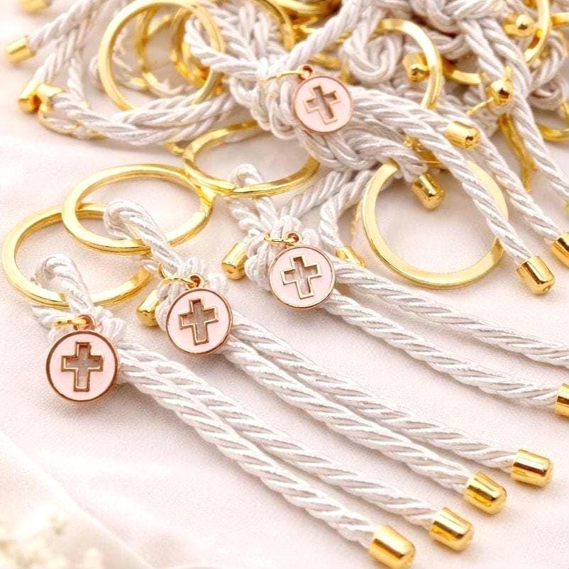 Pink Cross Keychain Favors | Greek Baptism Martyrika | Orthodox Christening Witness Gifts | Set of 10