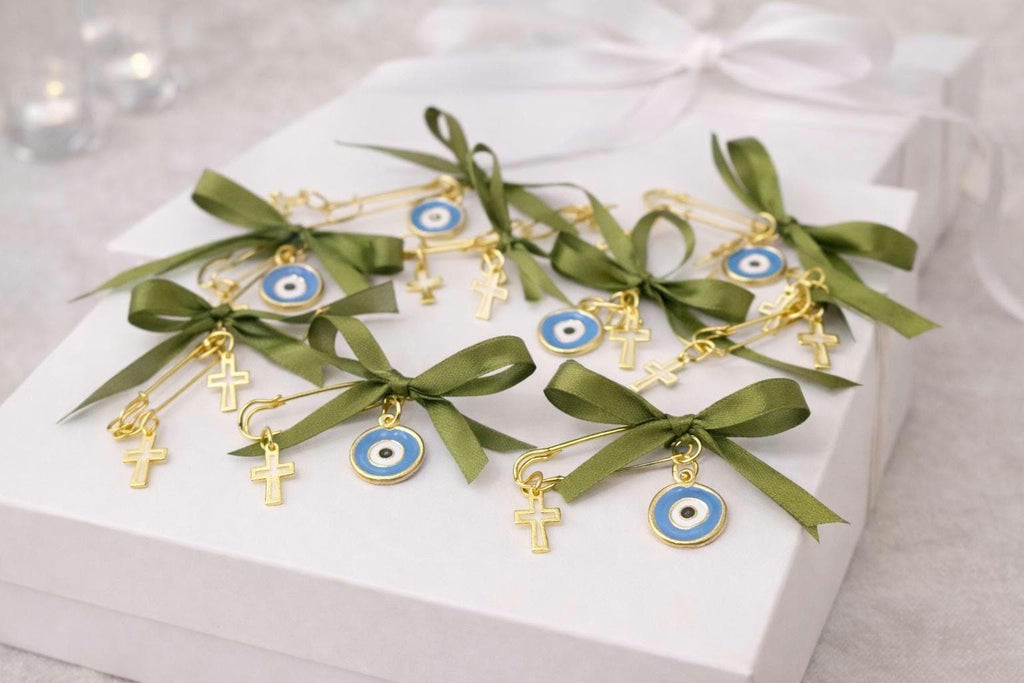 Christening Martyrika Pin | Baptism Witness Pins with Cross & Evil Eye | Greek Orthodox Baptism Favor (10 pcs)